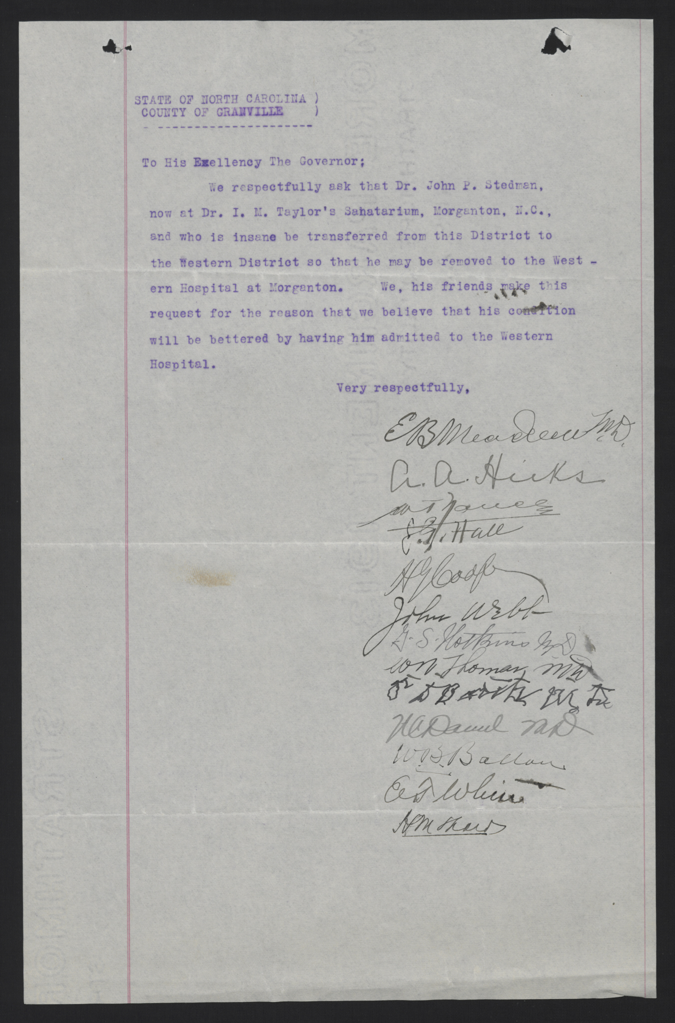 Petition from the Friends of John P. Stedman to Locke Craig, circa March 1914