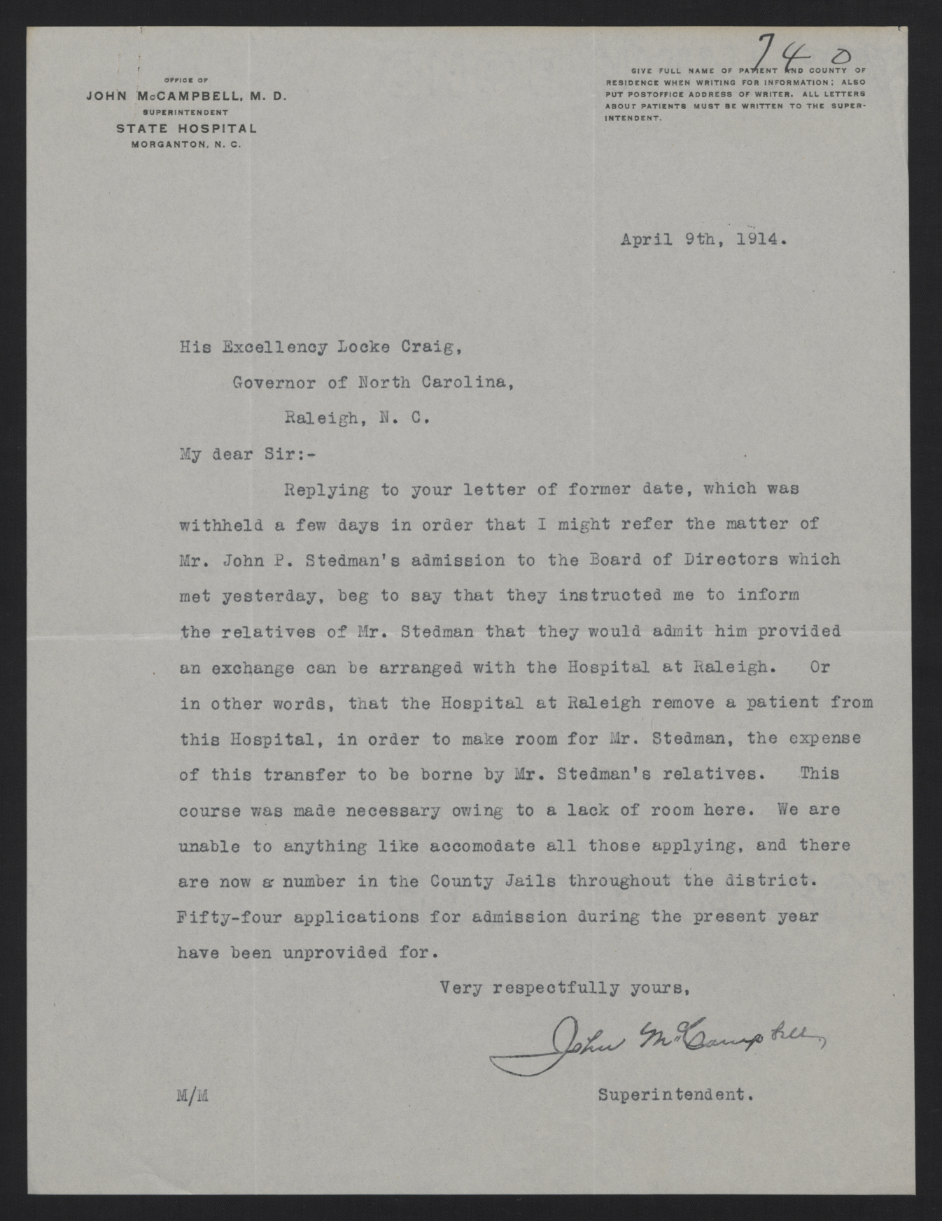 Letter from McCampbell to Craig, April 9, 1914