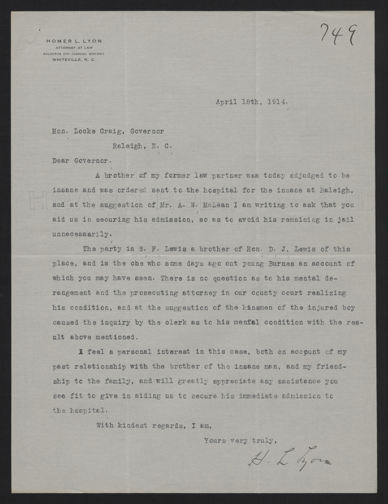 Letter from Lyon to Craig, April 18, 1914