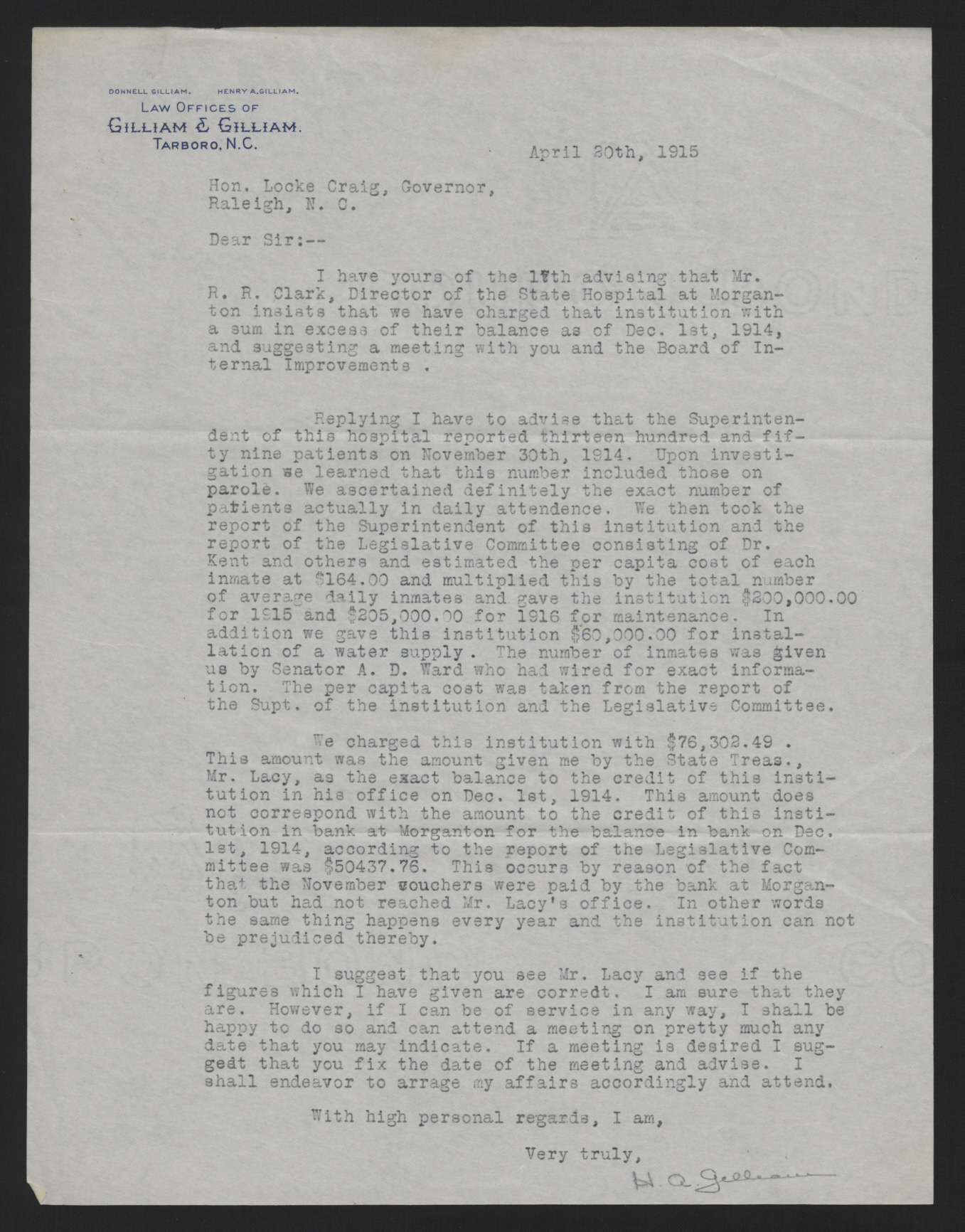 Letter from Gilliam to Craig, April 20, 1915
