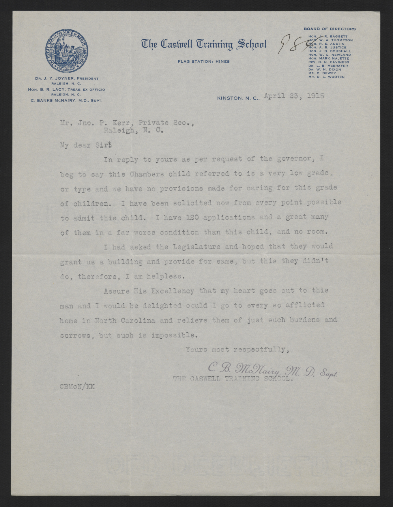 Letter from McNairy to Kerr, April 23, 1915