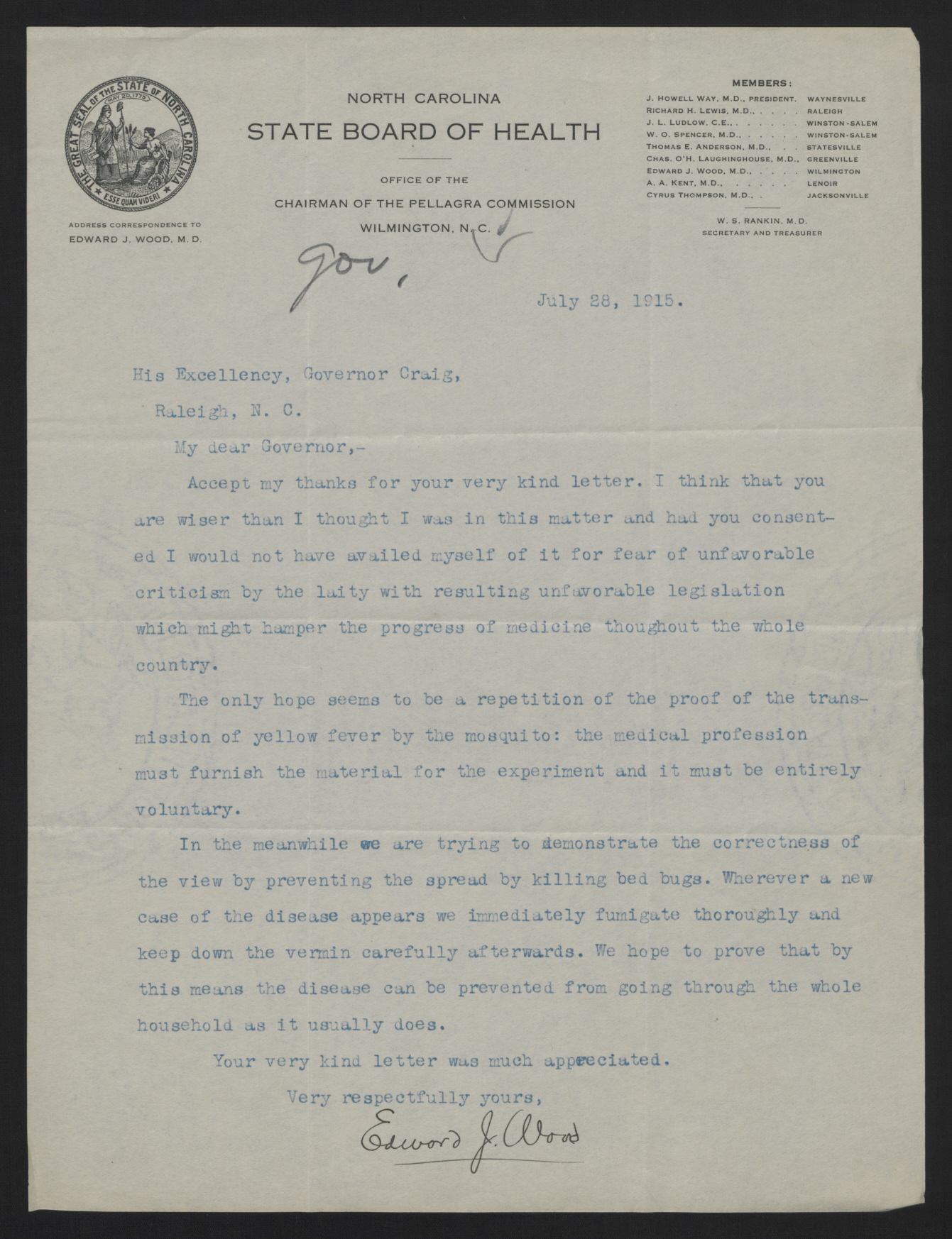 Letter from Wood to Craig, July 28, 1915