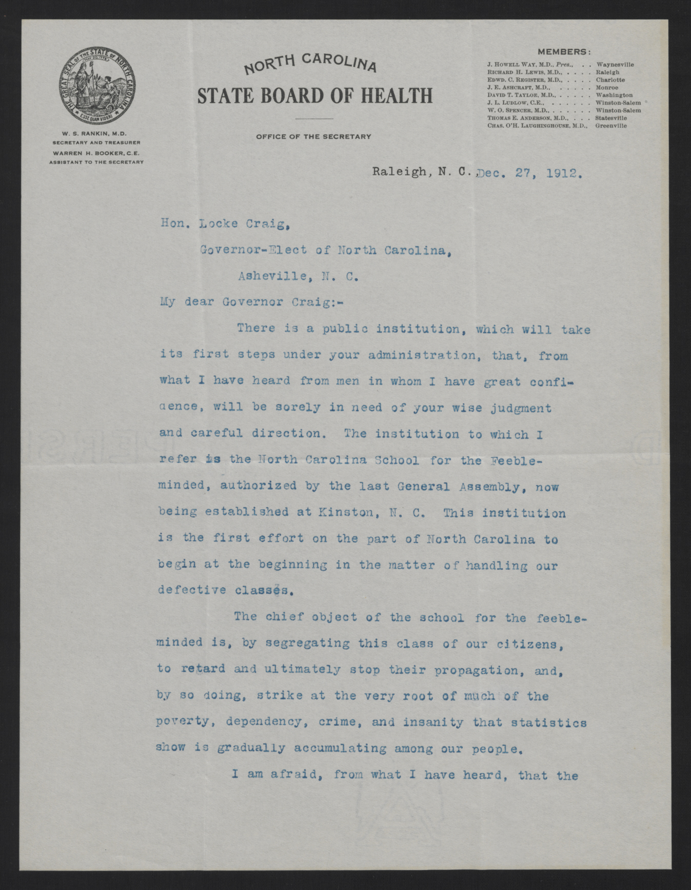 Letter from Rankin to Craig, December 27, 1912, page 1