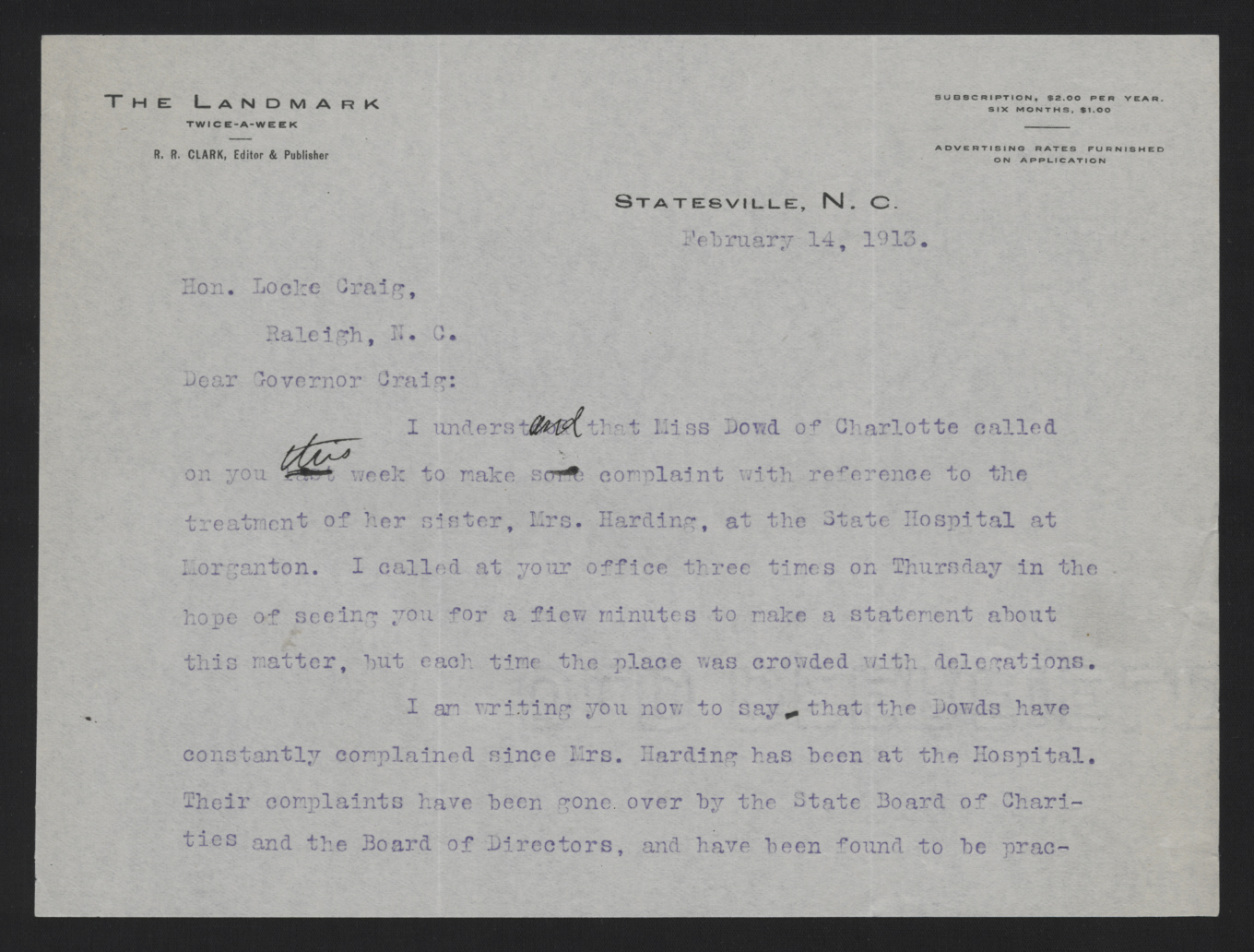 Letter from Clark to Craig, February 14, 1913, page 1