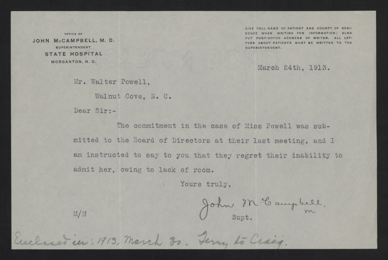 Letter from McCampbell to Jones, March 11, 1913