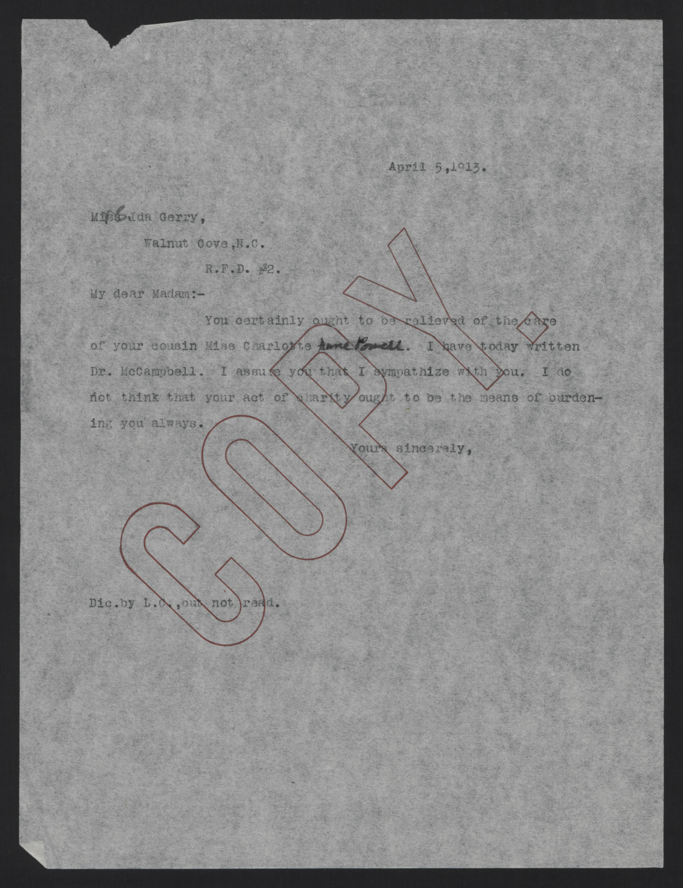 Letter from Craig to Gerrey, April 5, 1913