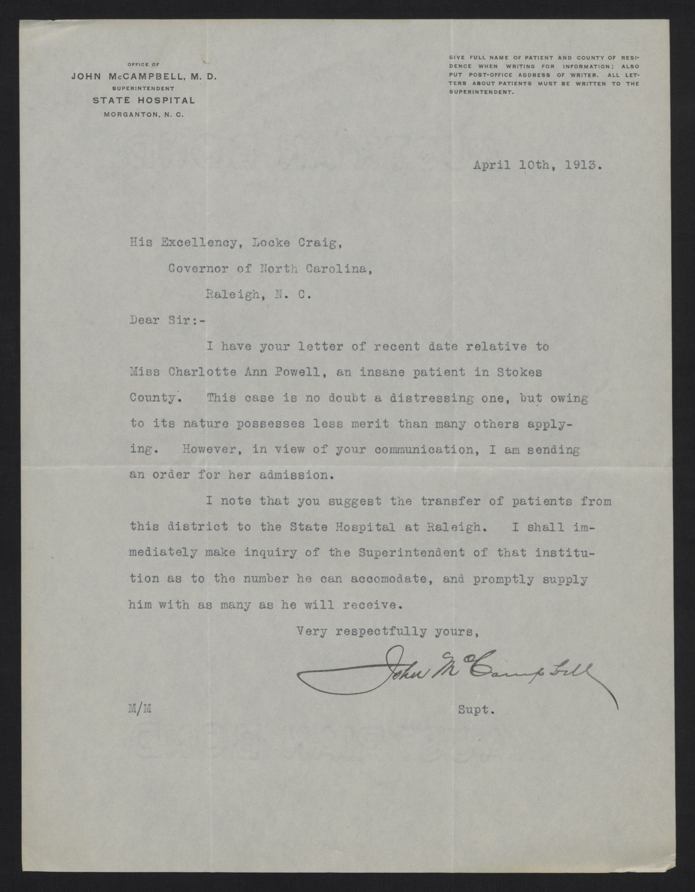 Letter from McCampbell to Craig, April 10, 1913