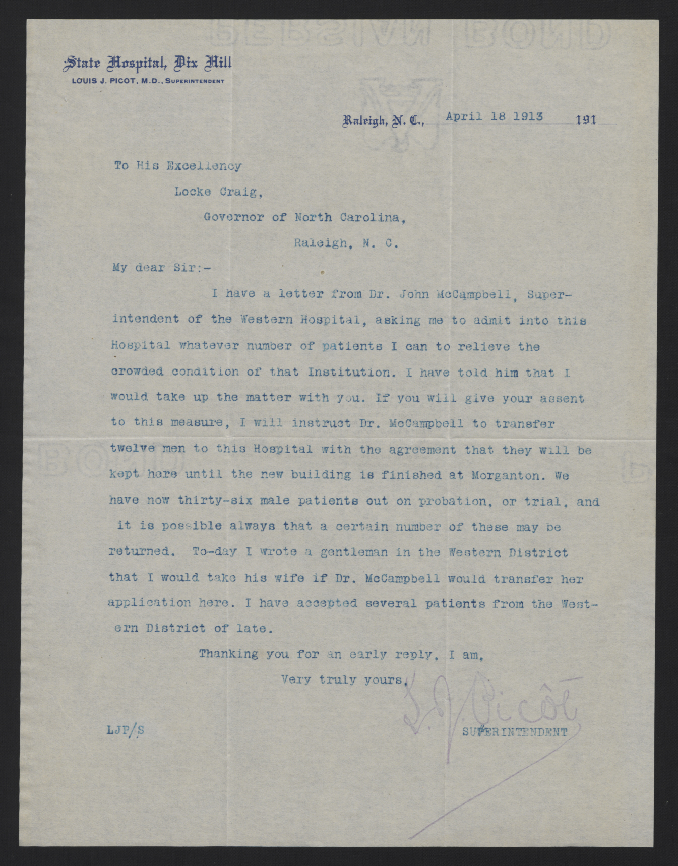 Letter from Picot to Craig, April 18, 1913