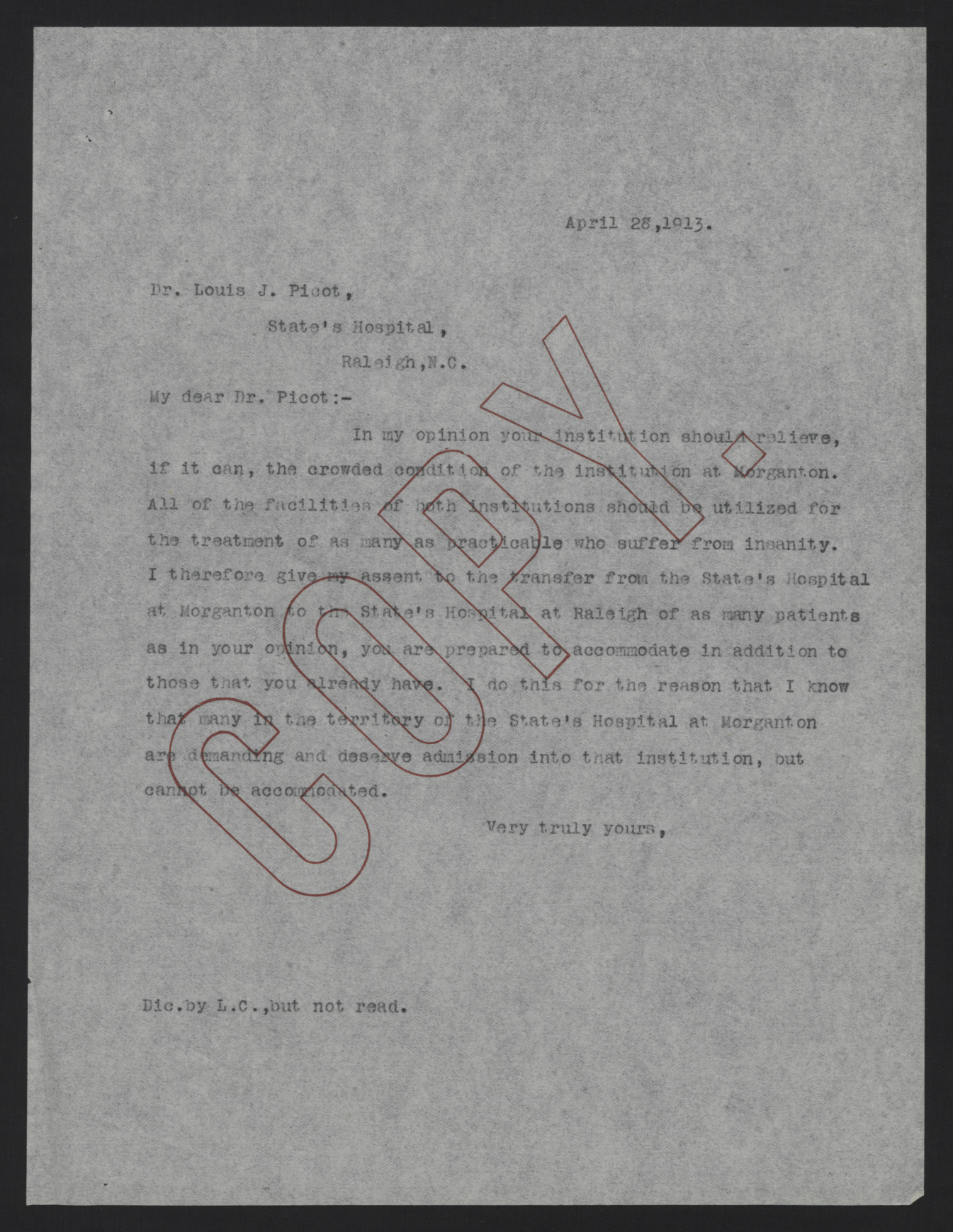 Letter from Craig to Picot, April 28, 1913