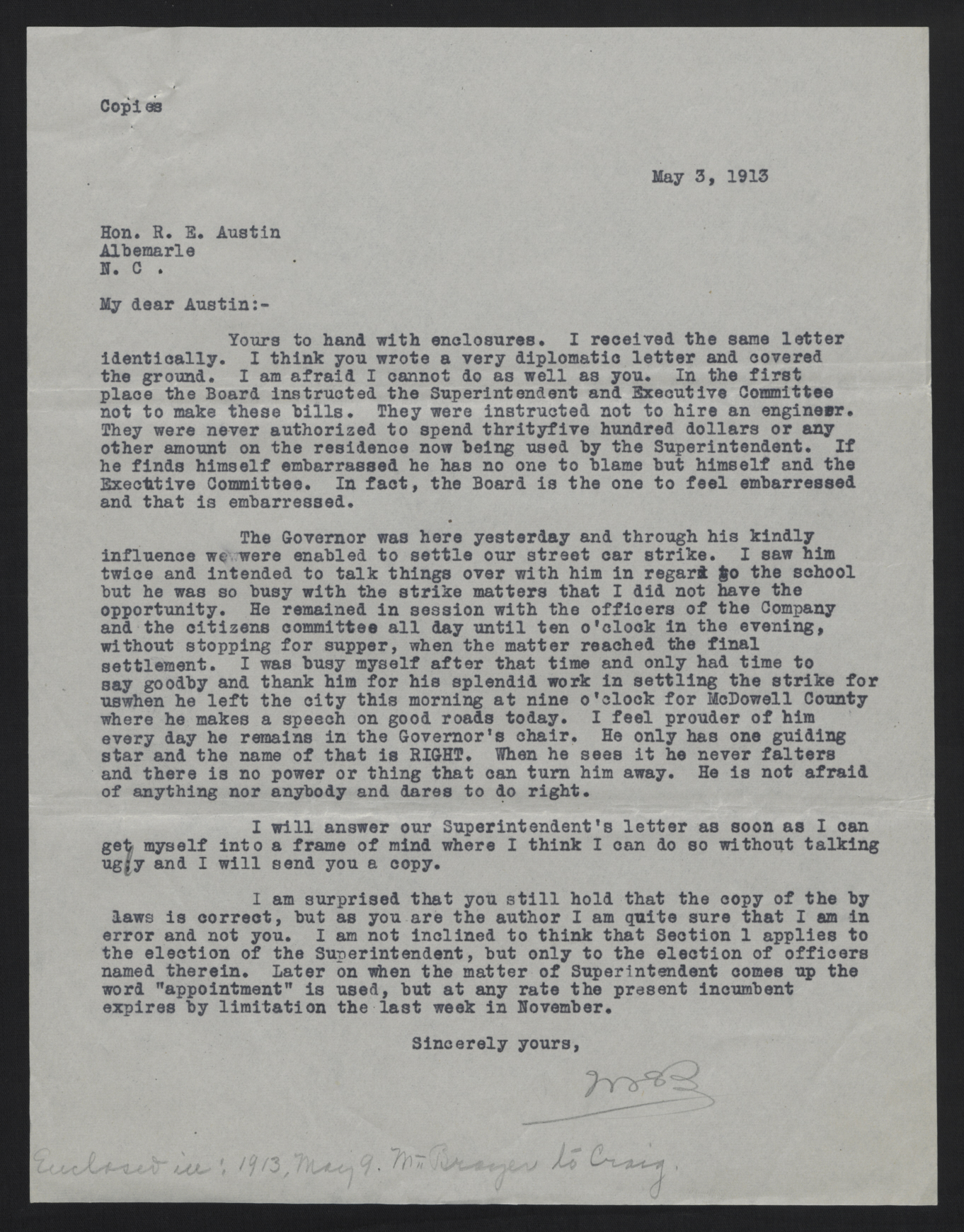 Letter from McBrayer to Austin, May 3, 1913