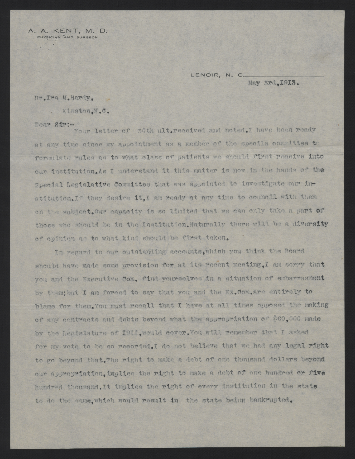 Letter from Kent to Hardy, May 9, 1913, page 1