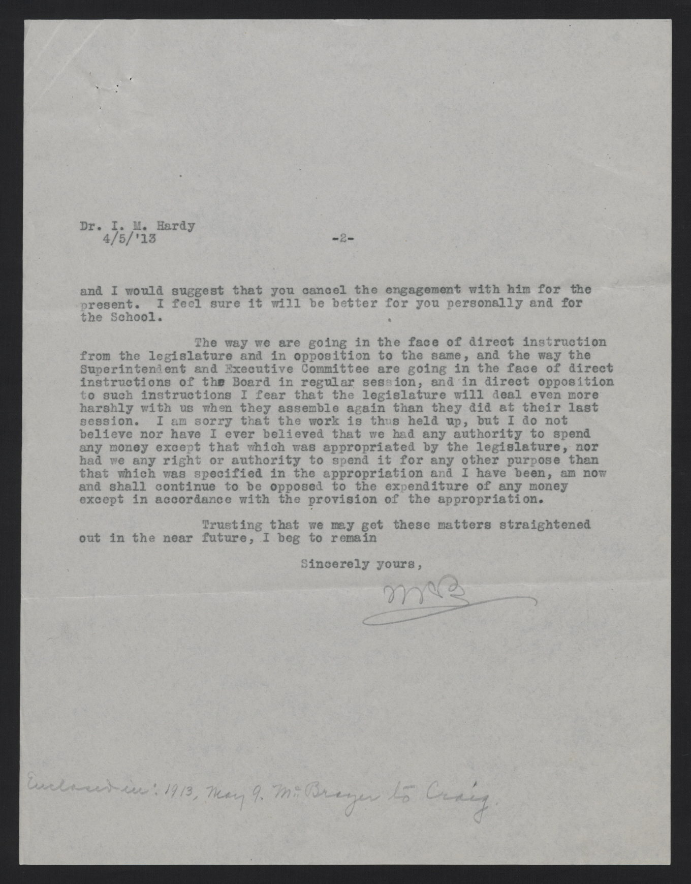 Letter from Hardy to McBrayer, May 5, 1913, page 2