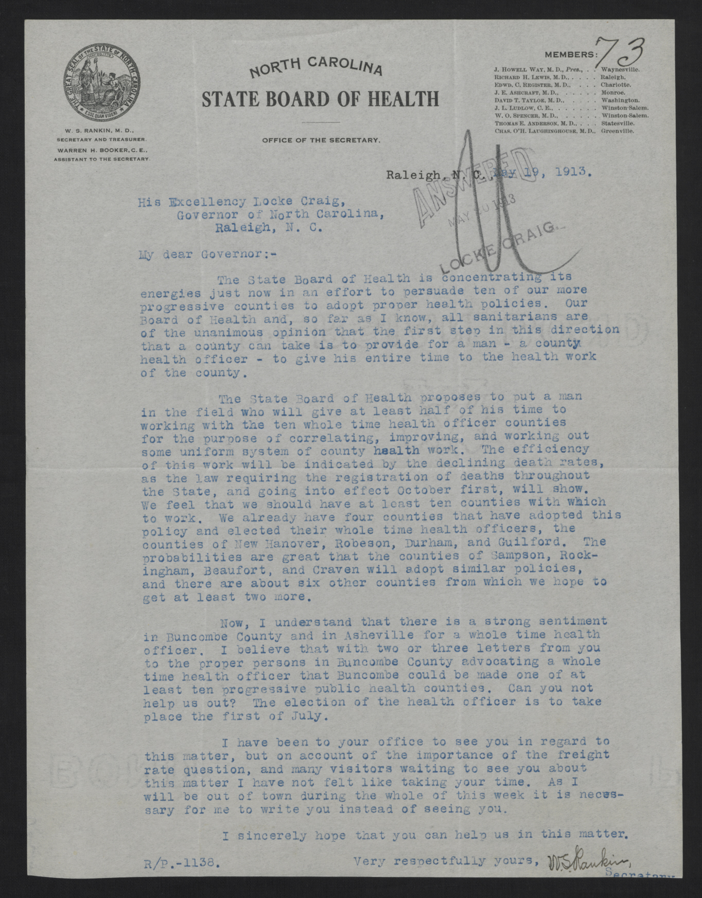 Letter from Rankin to Craig, May 19, 1913