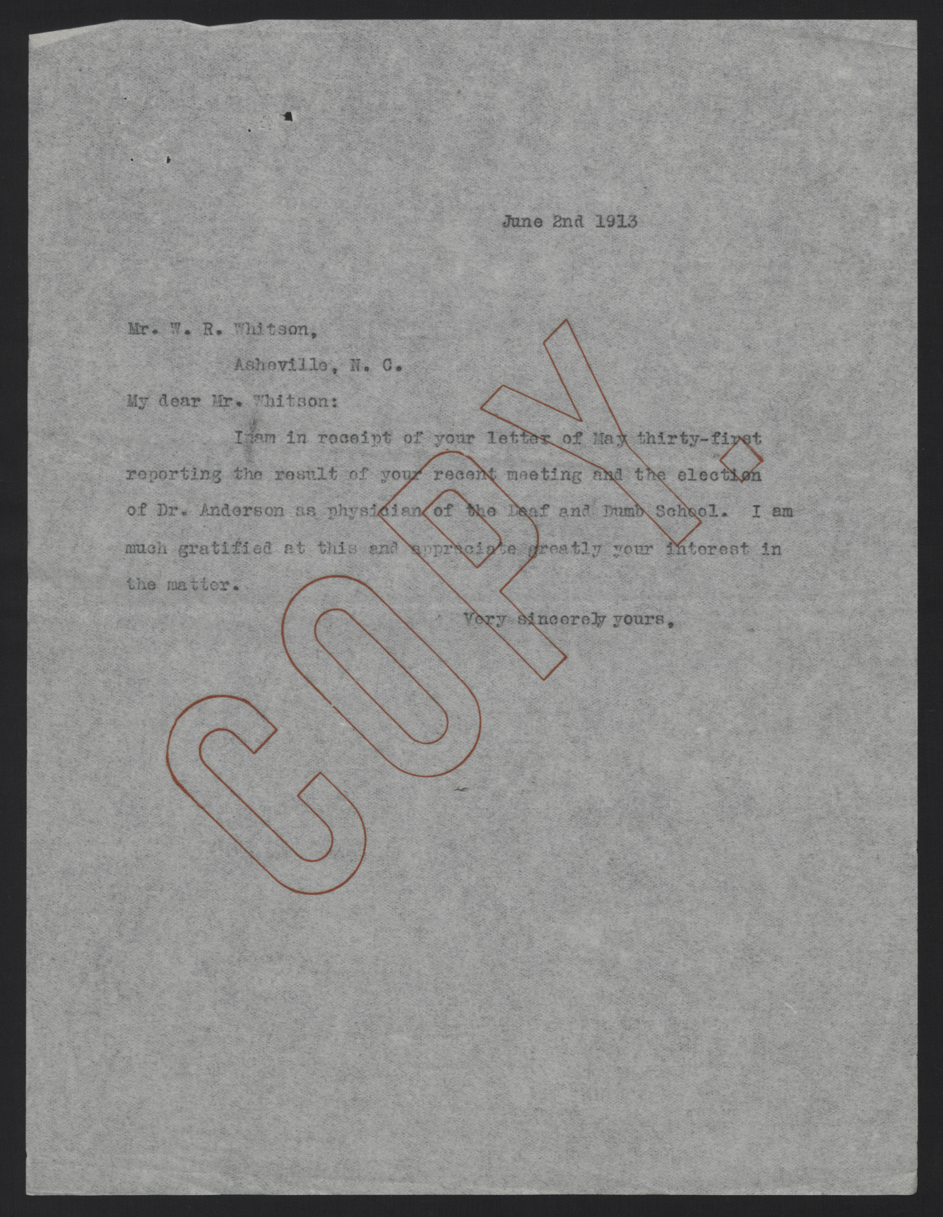 Letter from Craig to Whitson, June 2, 1913