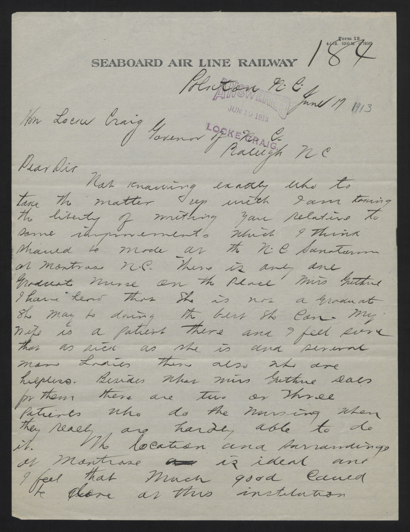 Letter from Carter to Craig, June 17, 1913, page 1