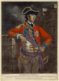 Engraving of William Howe wearing a red military jacket