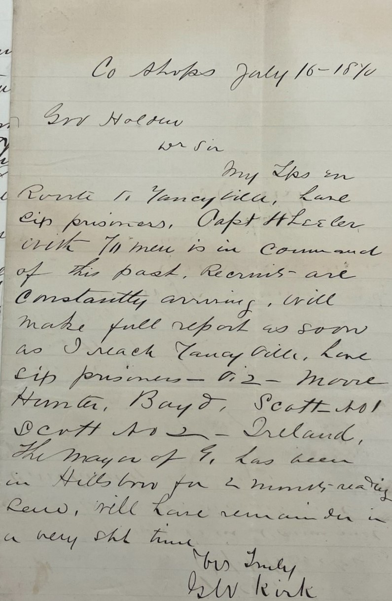 Letter from George W. Kirk to William Woods Holden, 16 July 1870, page 1