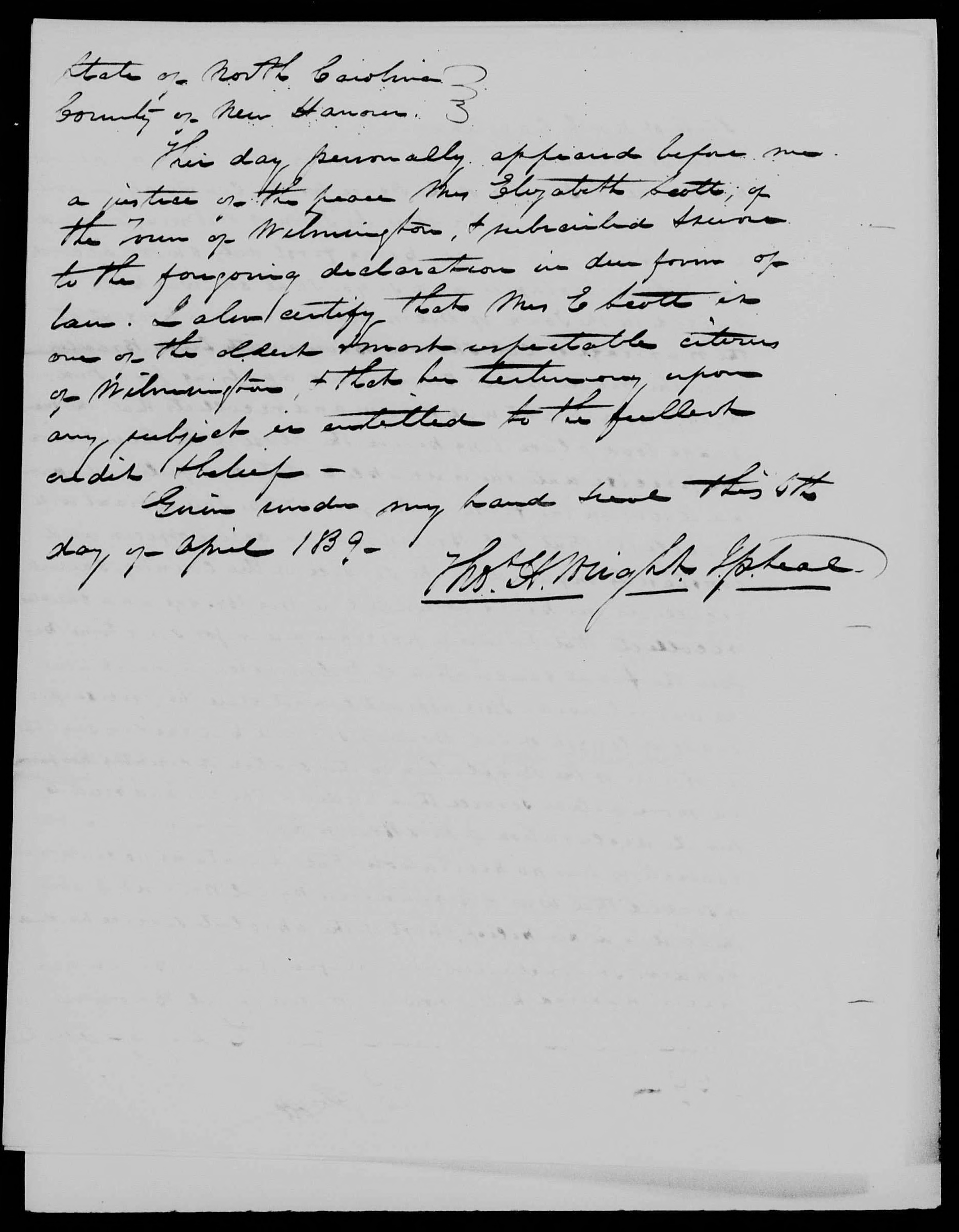 Affidavit of Elizabeth Scott in support of a Pension Claim for Lucy Brown, 6 April 1839, page 2
