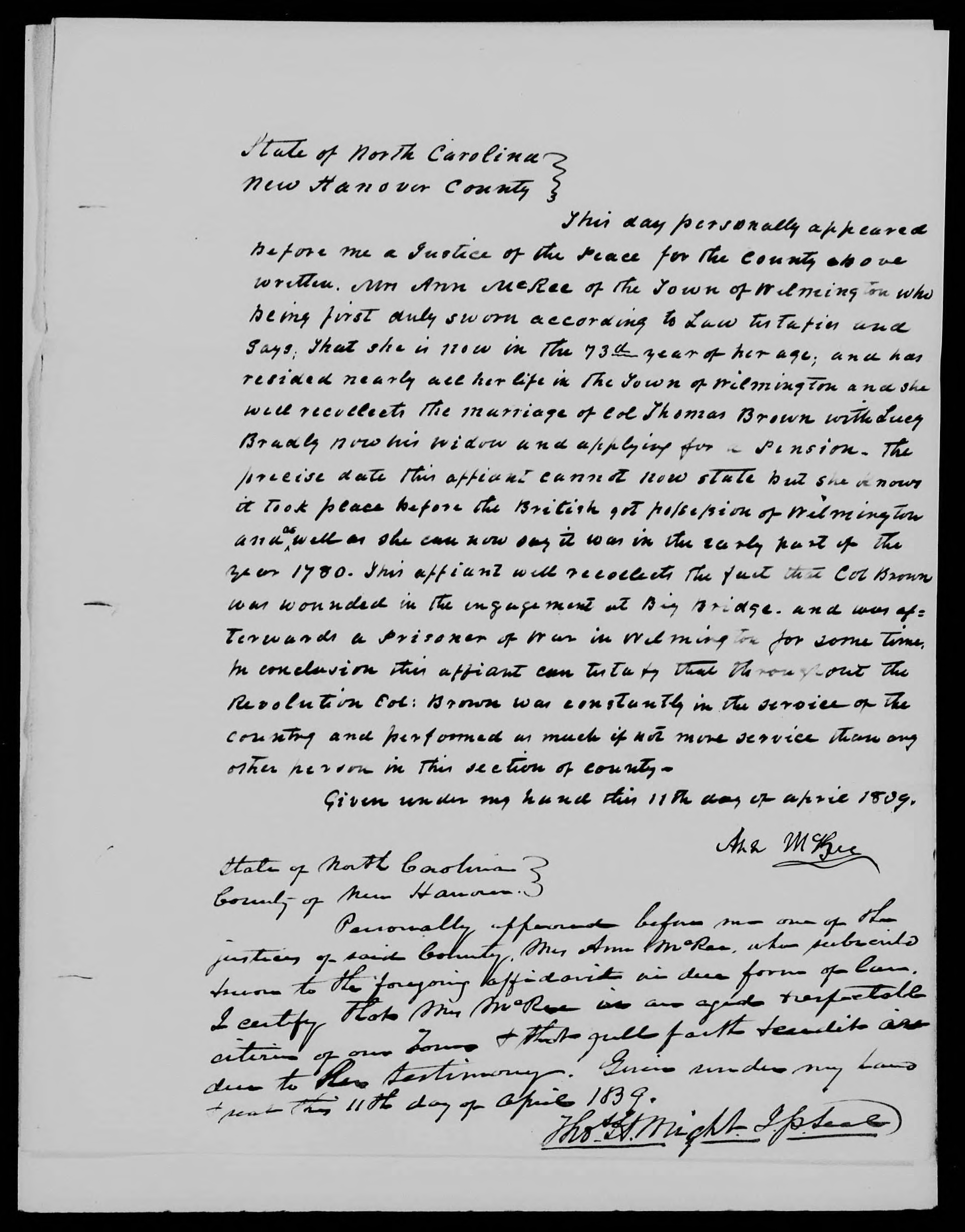Affidavit of Ann McRee in support of a Pension Claim for Lucy Brown, 11 April 1839