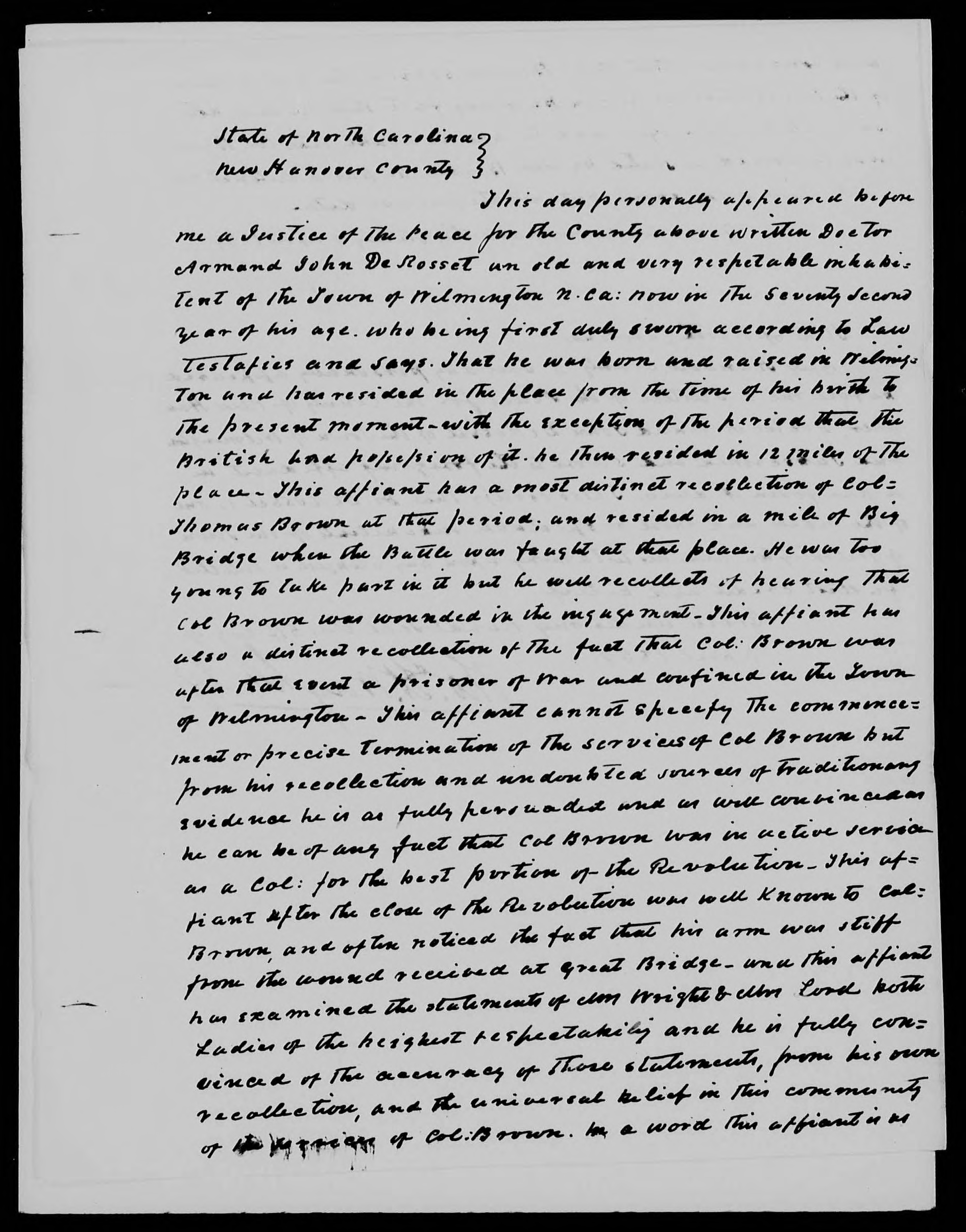 Affidavit of Armand John DeRossett in support of a Pension Claim for Lucy Brown, 5 April 1839, page 1