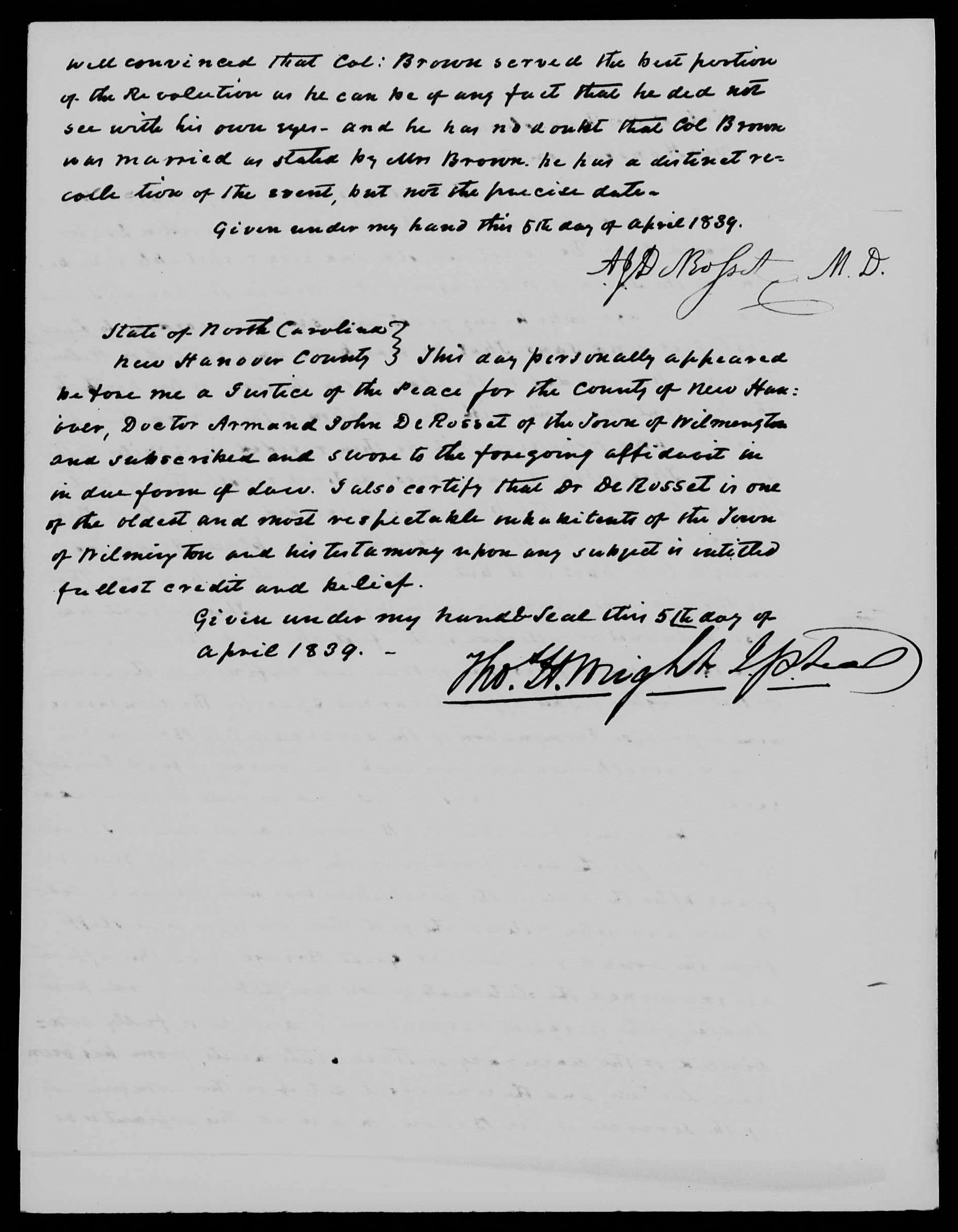 Affidavit of Armand John DeRossett in support of a Pension Claim for Lucy Brown, 5 April 1839, page 2