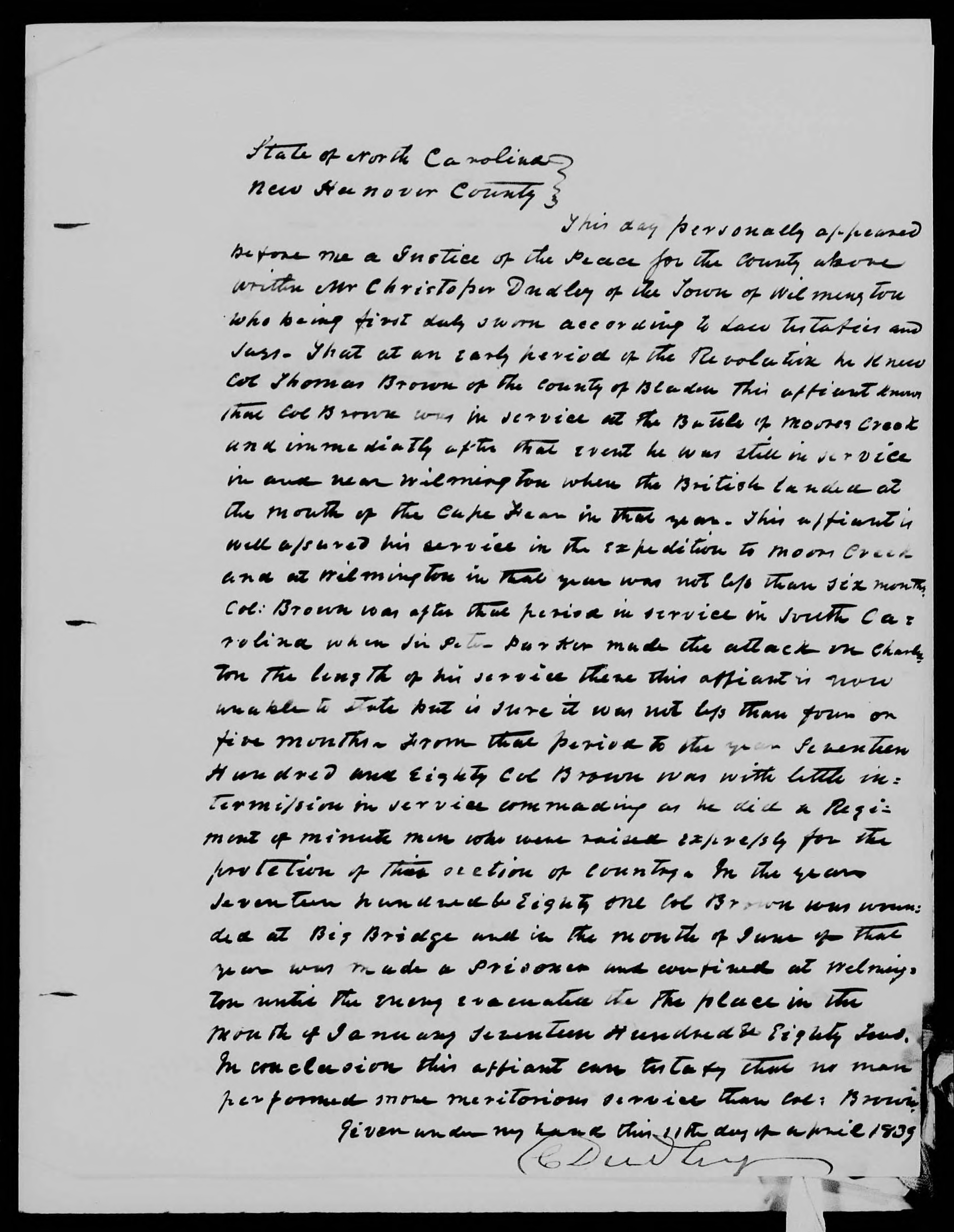Affidavit of Christopher Dudley in support of a Pension Claim for Lucy Brown, 11 April 1839, page 1