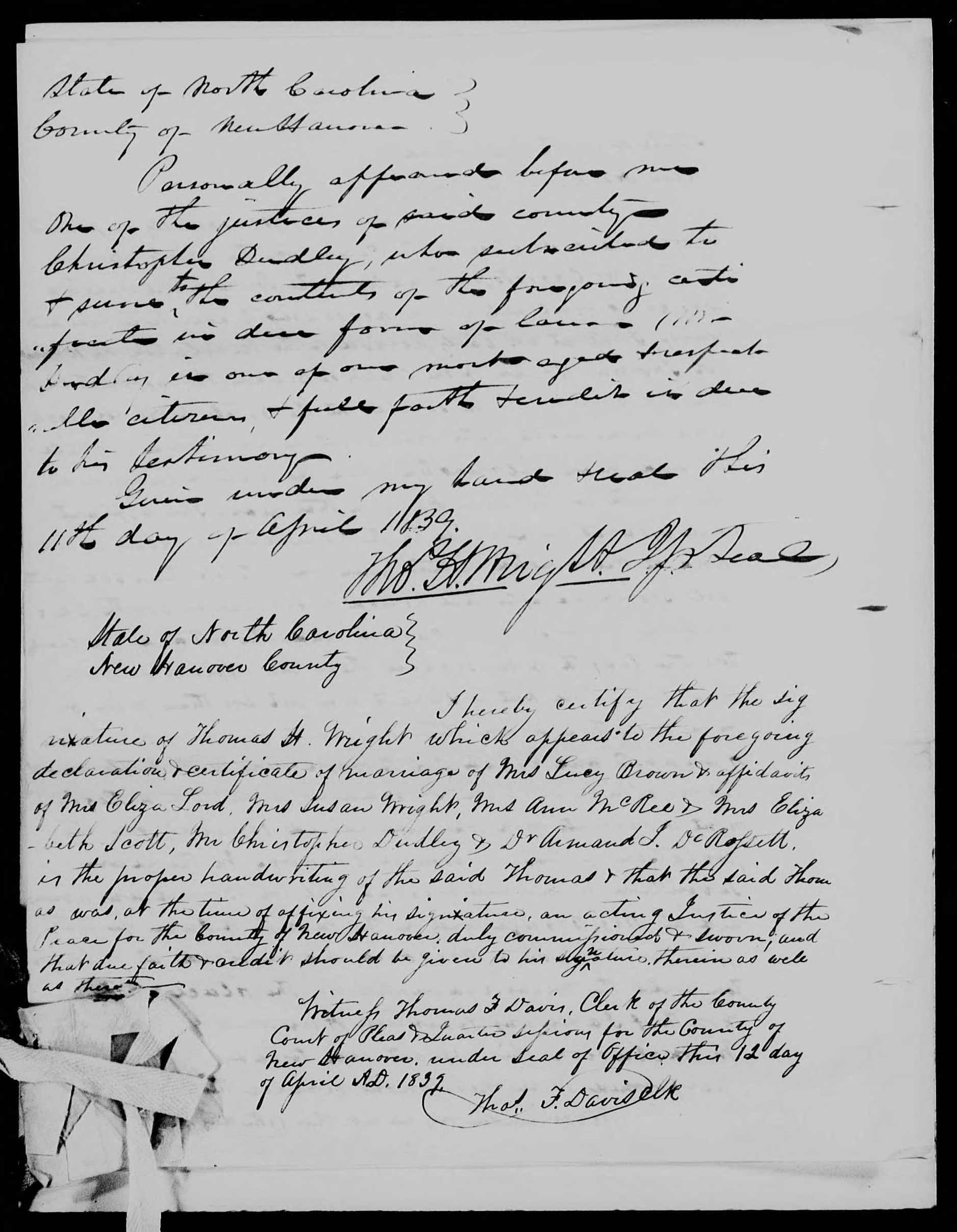 Affidavit of Christopher Dudley in support of a Pension Claim for Lucy Brown, 11 April 1839, page 2