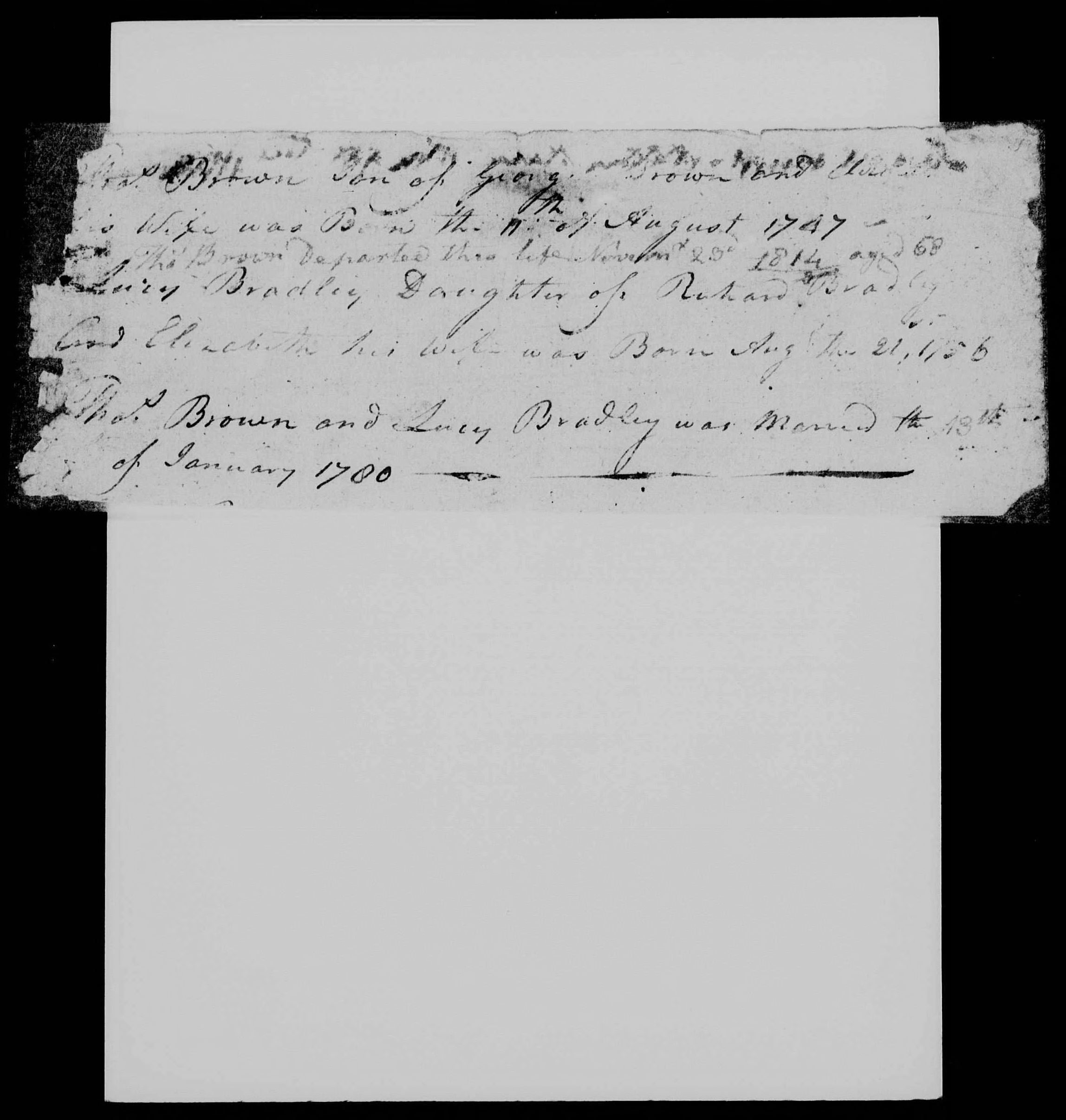 Bible Record of Thomas Brown and Lucy Brown (née Bradley), August 1747-November 1814