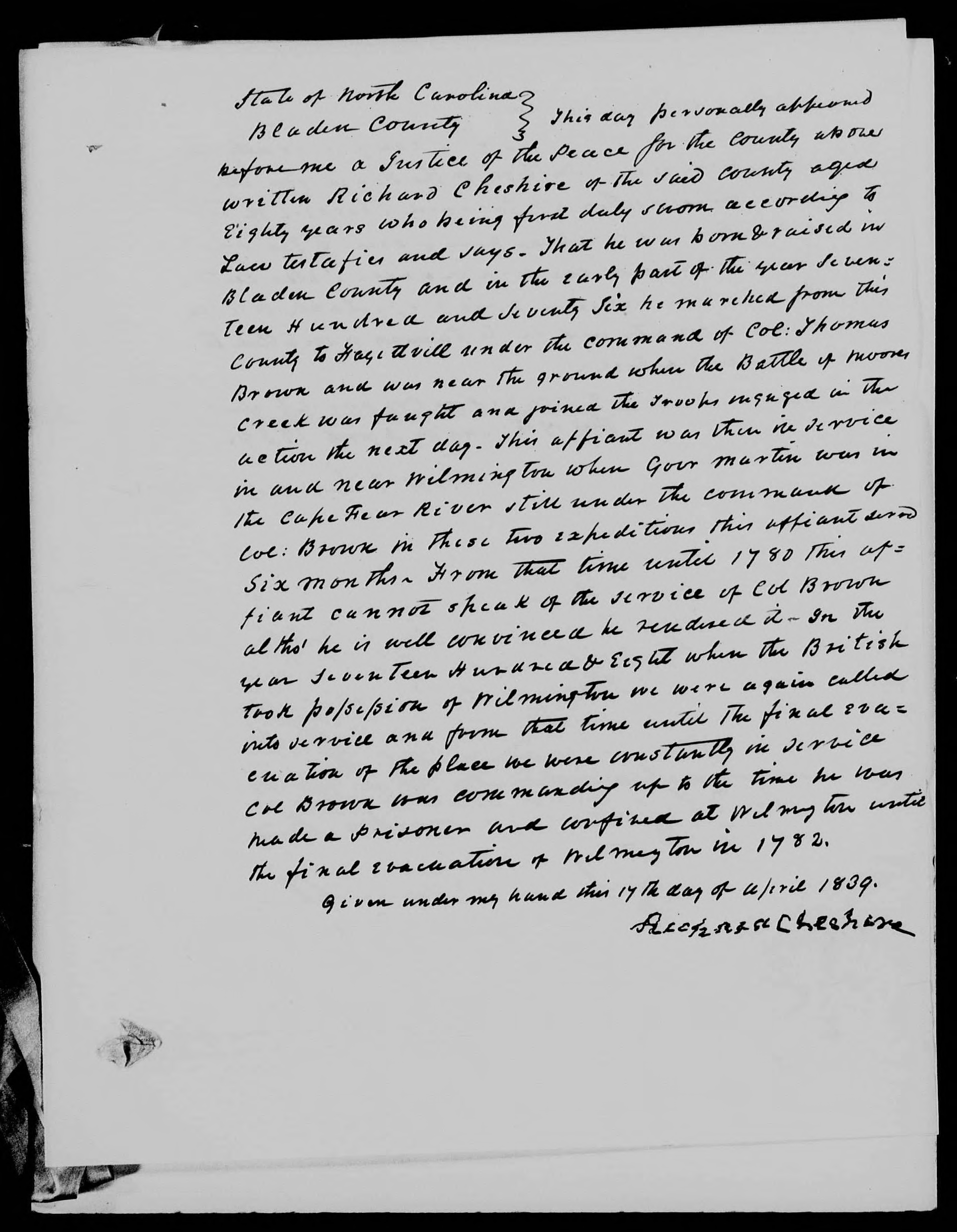 Affidavit of Richard Cheshire in support of a Pension Claim for Lucy Brown, 17 April 1839, page 1