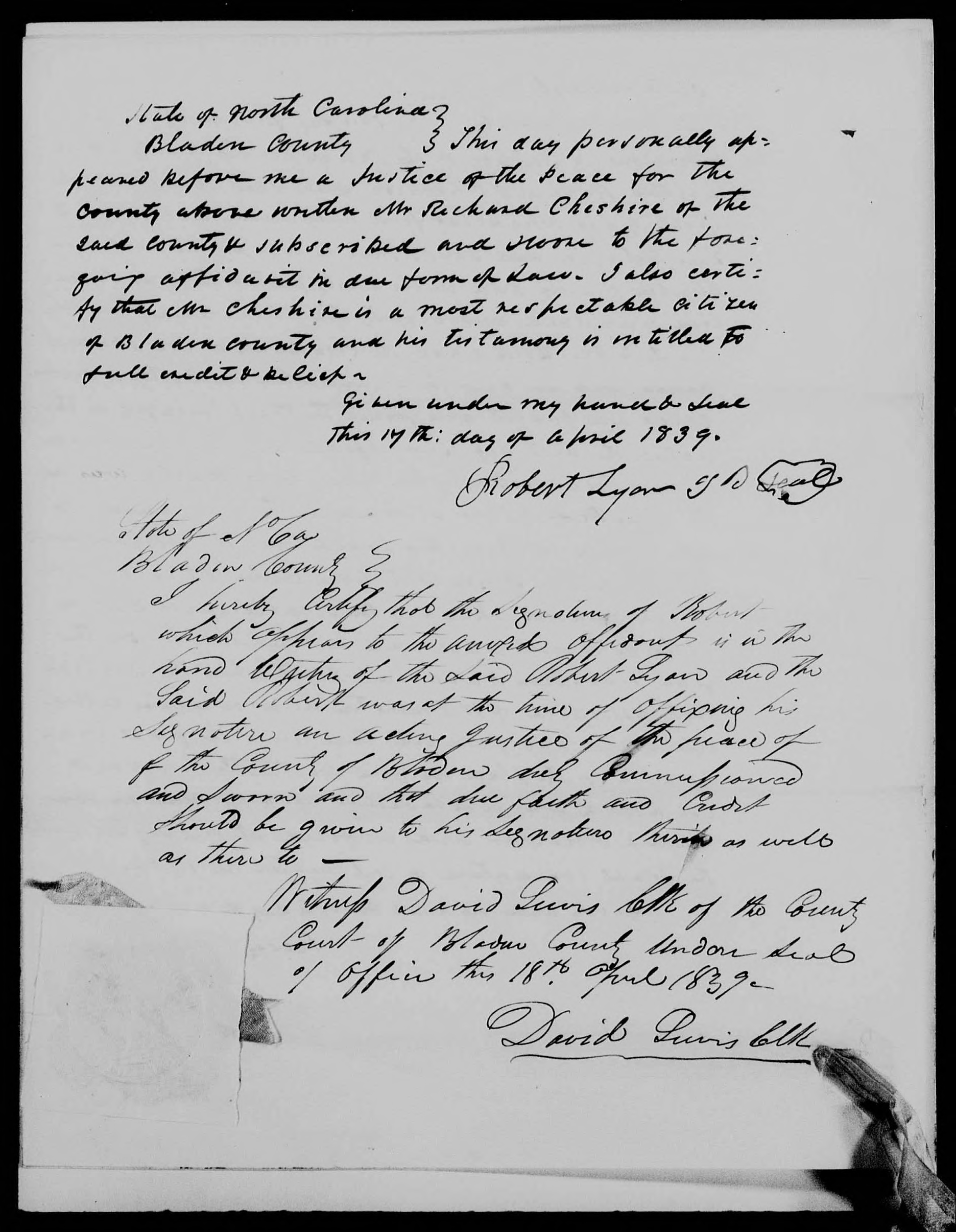 Affidavit of Richard Cheshire in support of a Pension Claim for Lucy Brown, 17 April 1839, page 2