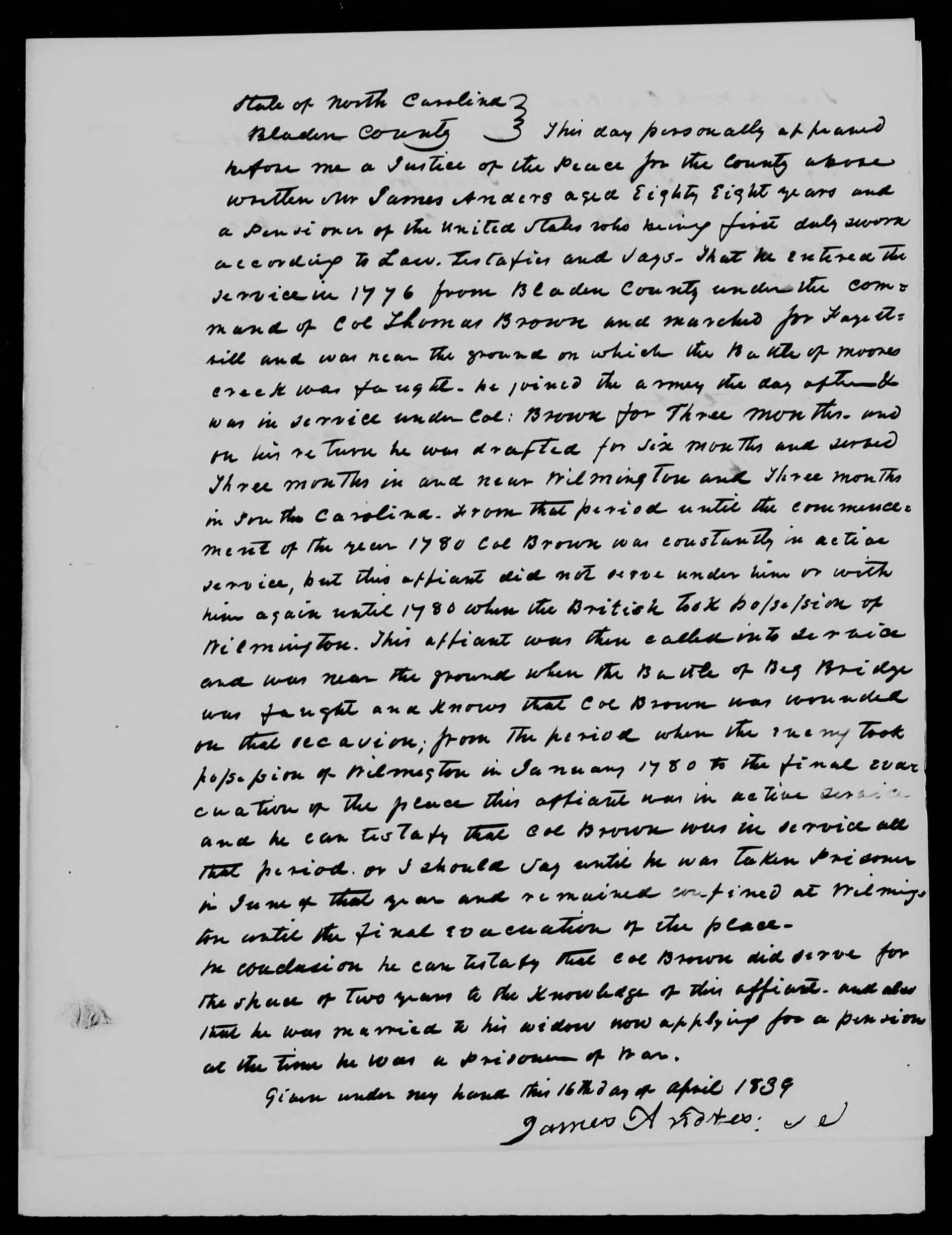 Affidavit of James Anders in support of a Pension Claim for Lucy Brown, 16 April 1839, page 1