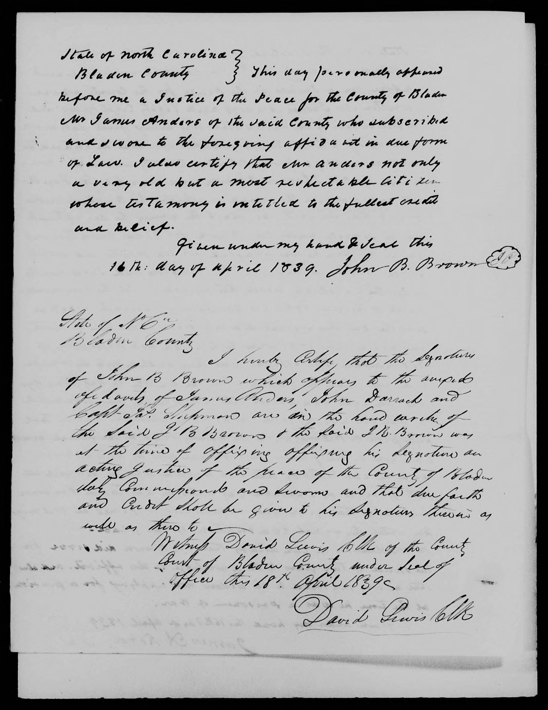 Affidavit of James Anders in support of a Pension Claim for Lucy Brown, 16 April 1839, page 2