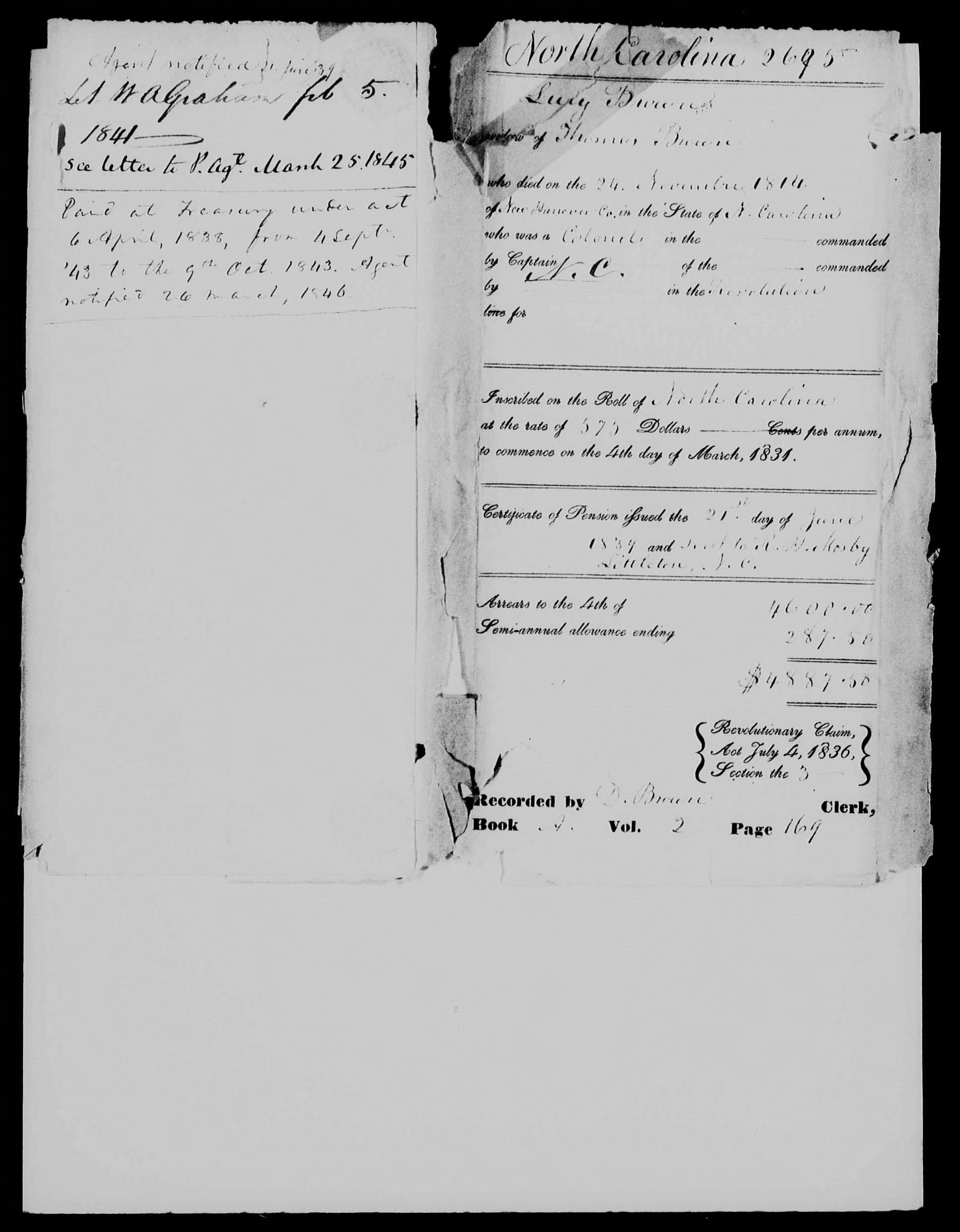 Docket for Widow's Pension from the U.S. Pension Office for Lucy Brown, 21 June 1839