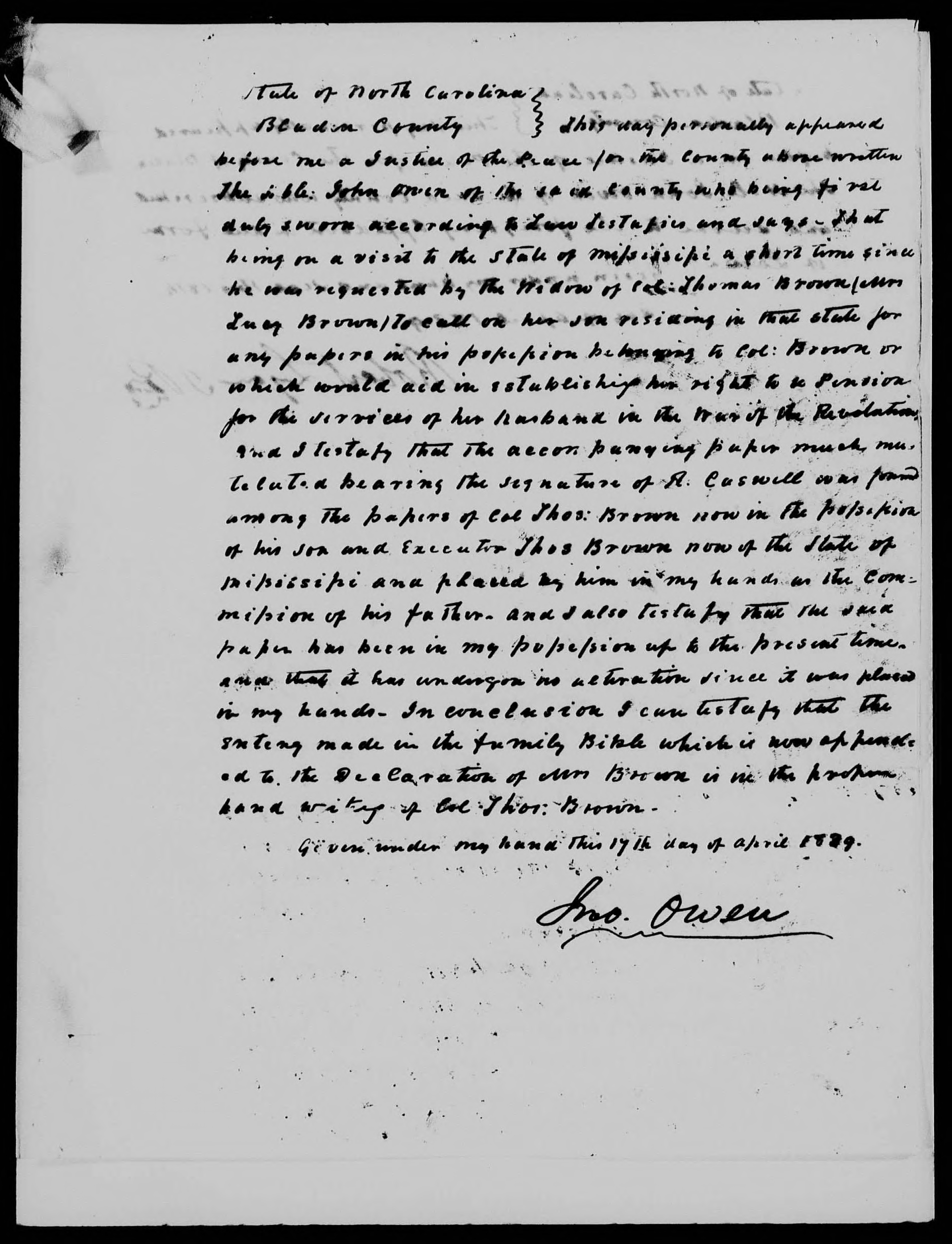 Affidavit of John Owen in support of a Pension Claim for Lucy Brown, 17 April 1839, page 1