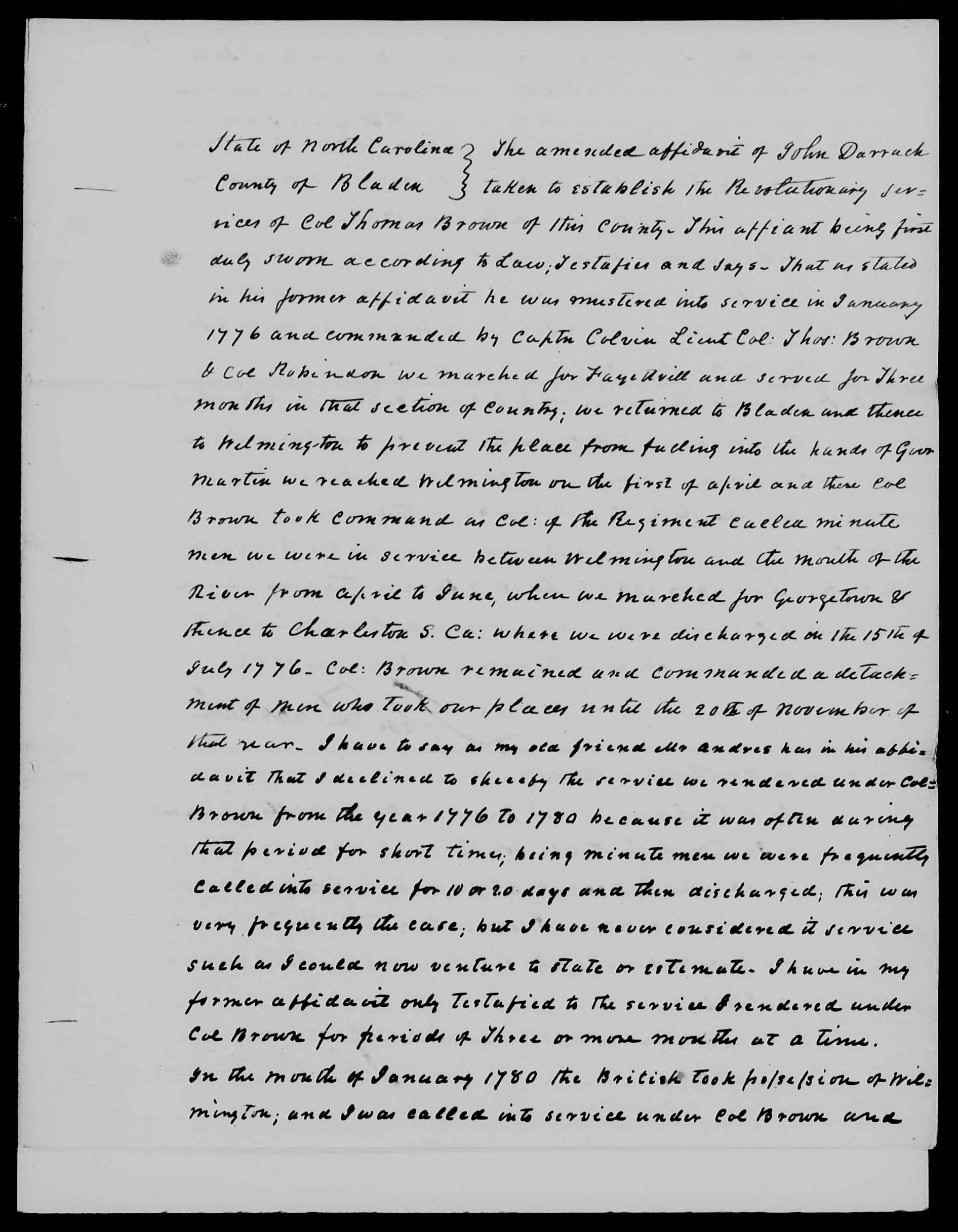 Affidavit of John Darrach (amended) in support of a Pension Claim for Lucy Brown, 8 June 1839, page 1