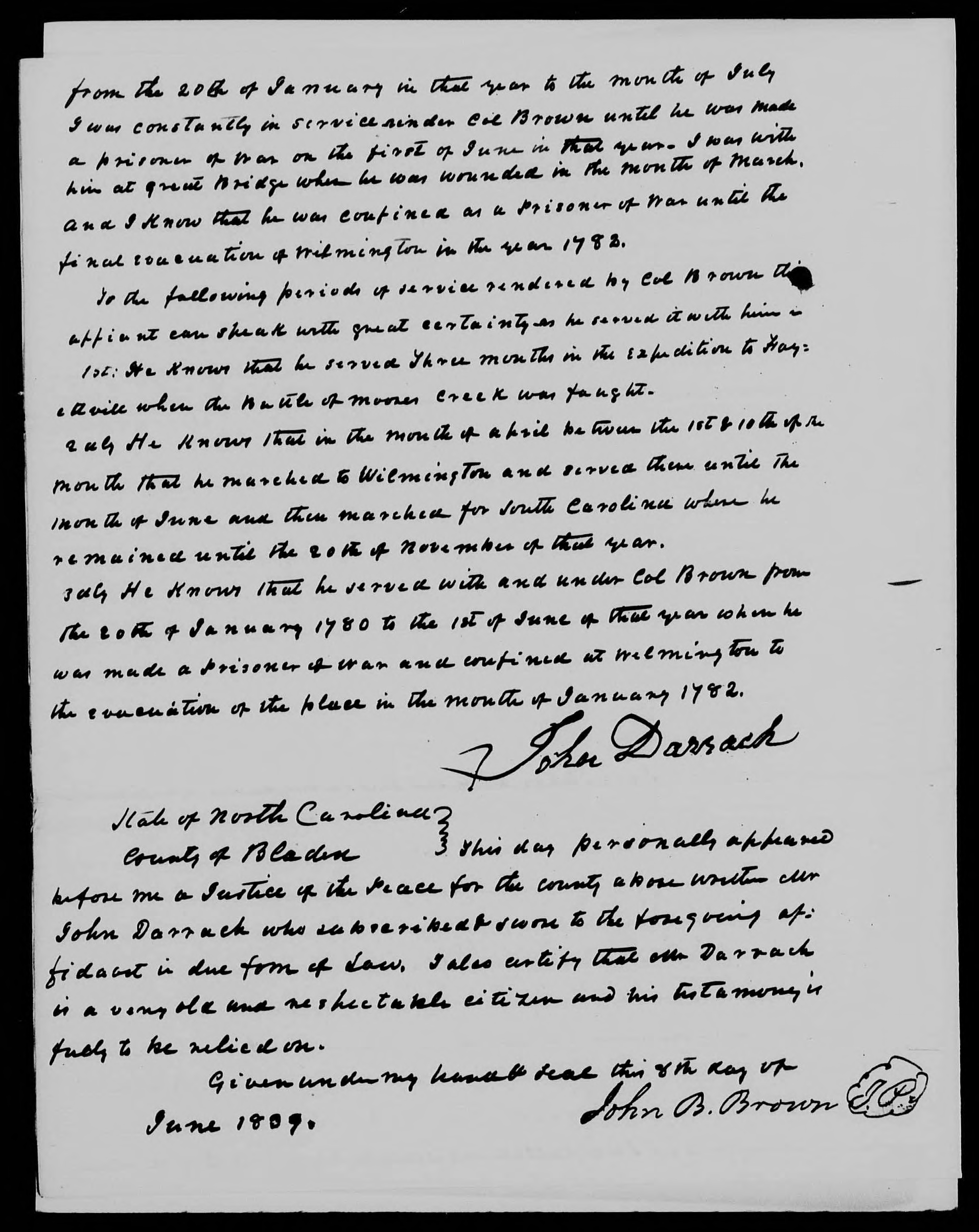 Affidavit of John Darrach (amended) in support of a Pension Claim for Lucy Brown, 8 June 1839, page 2