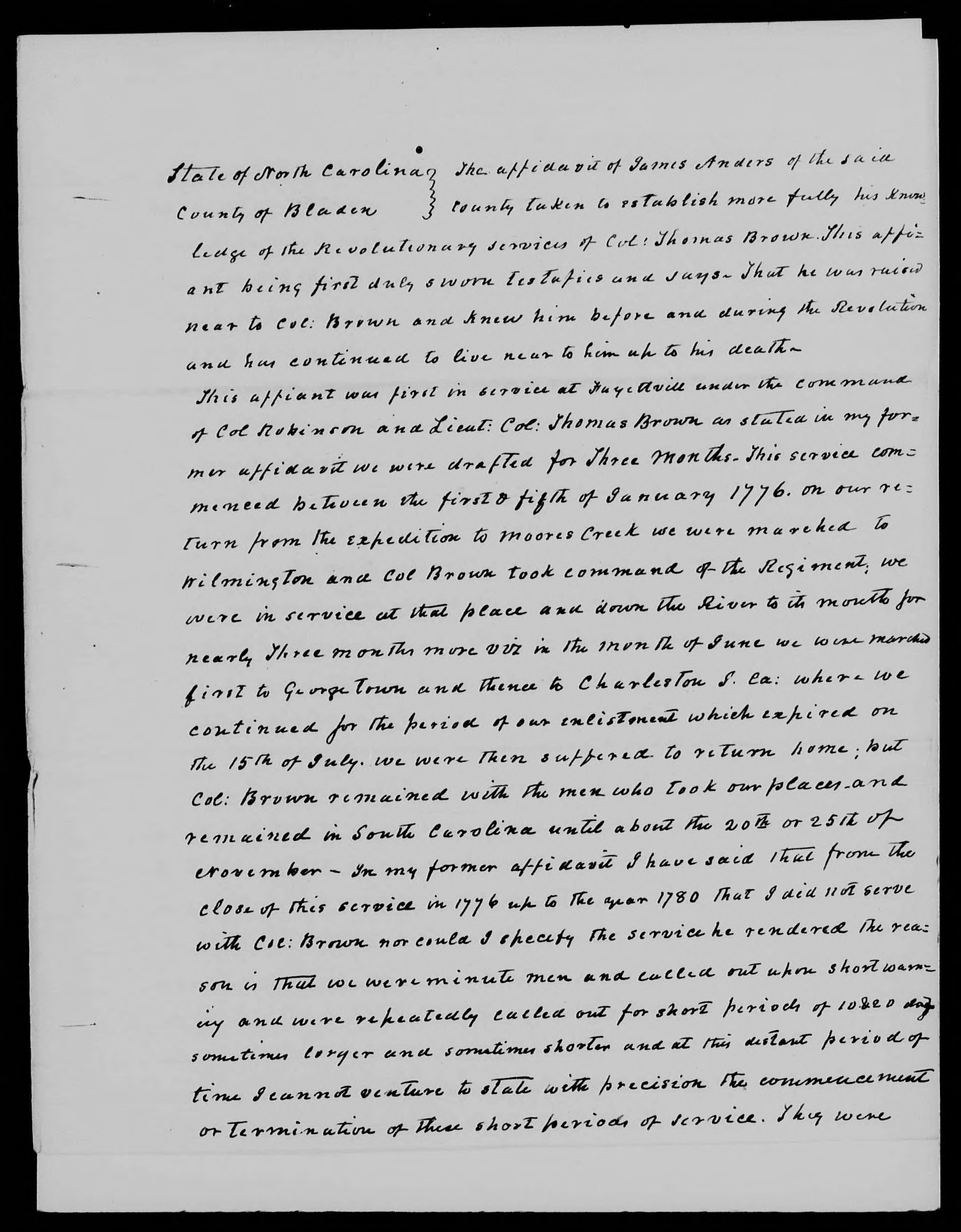 Affidavit of James Anders (amended) in support of a Pension Claim for Lucy Brown, 7 June 1839, page 1Affidavit of James Anders (amended) in support of a Pension Claim for Lucy Brown, 7 June 1839, page 1