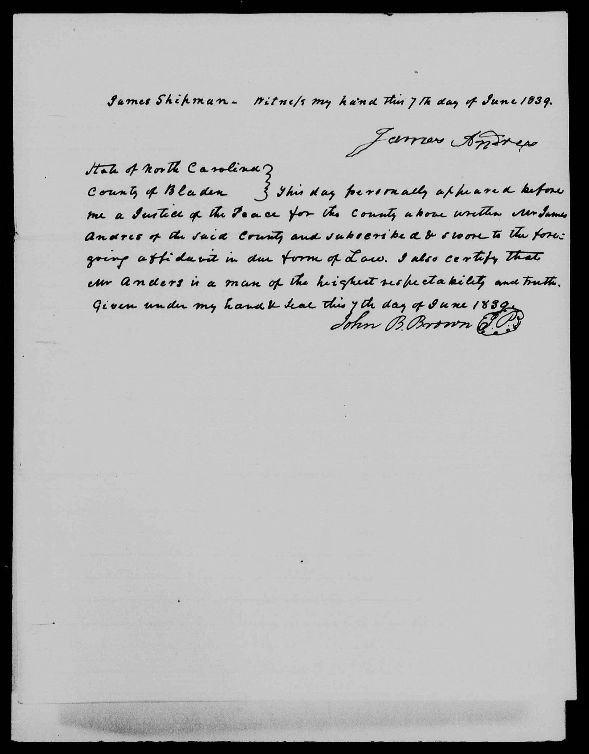 Affidavit of James Anders (amended) in support of a Pension Claim for Lucy Brown, 7 June 1839, page 3