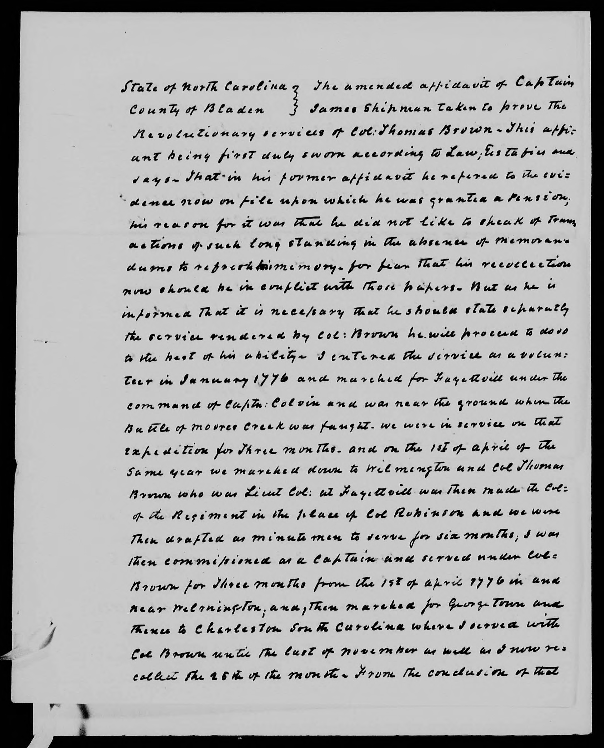 Affidavit of James Shipman (amended) in support of a Pension Claim for Lucy Brown, 8 June 1839, page 1