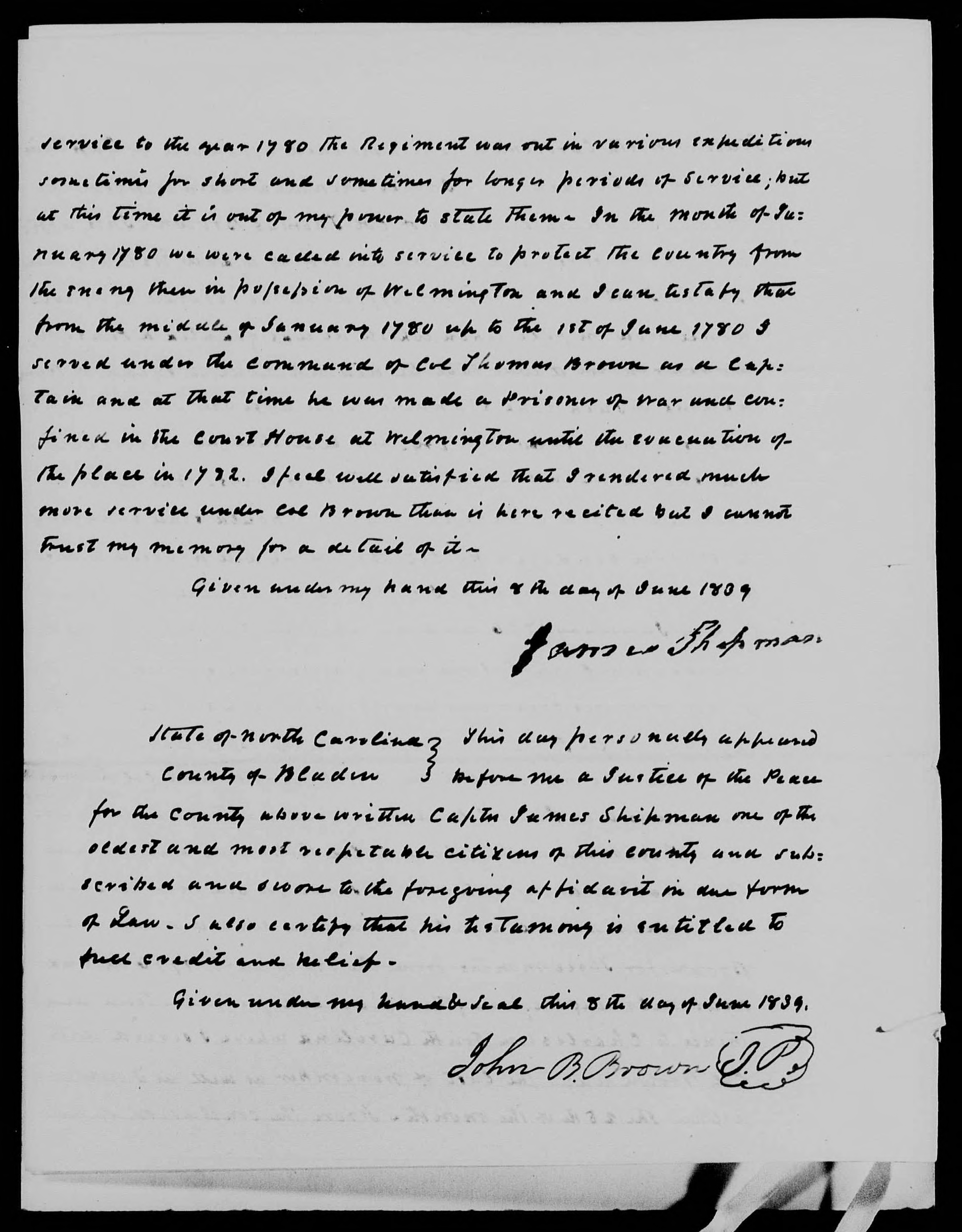 Affidavit of James Shipman (amended) in support of a Pension Claim for Lucy Brown, 8 June 1839, page 2