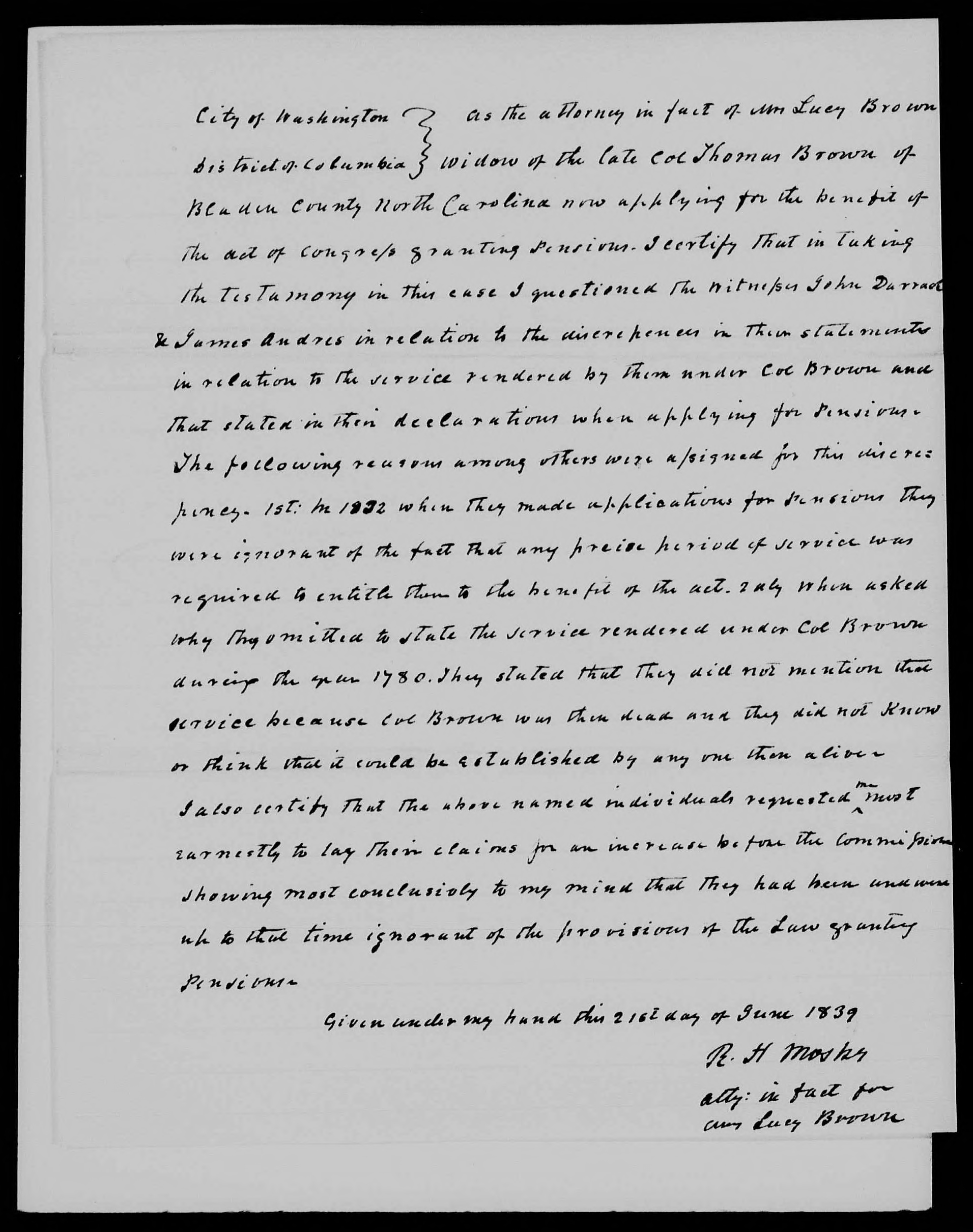 Affidavit of R. H. Mosby in support of a Pension Claim for Lucy Brown, 21 June 1839, page 1