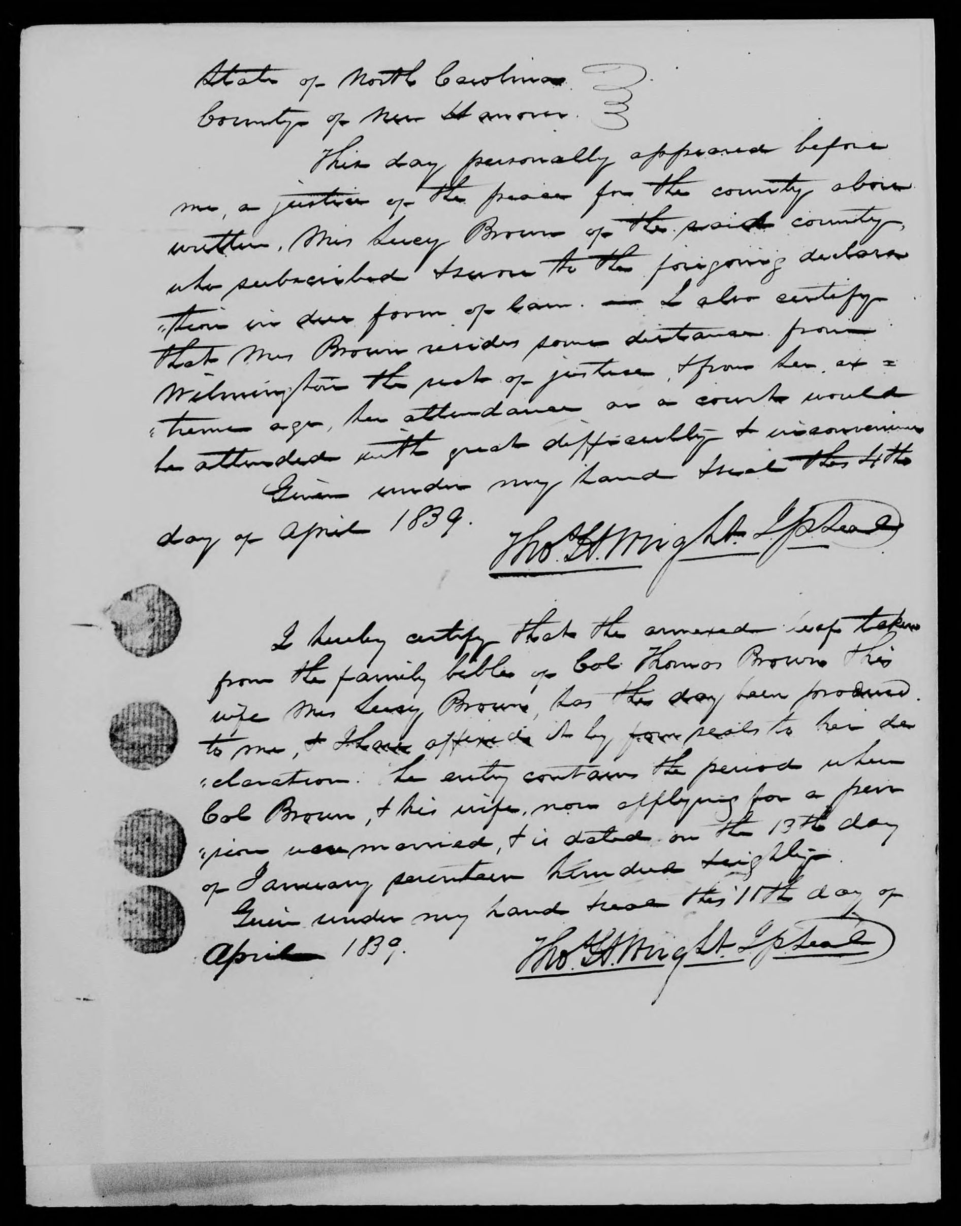 Application for a Widow's Pension from Rachel Locus, 4 October 1839, page 3
