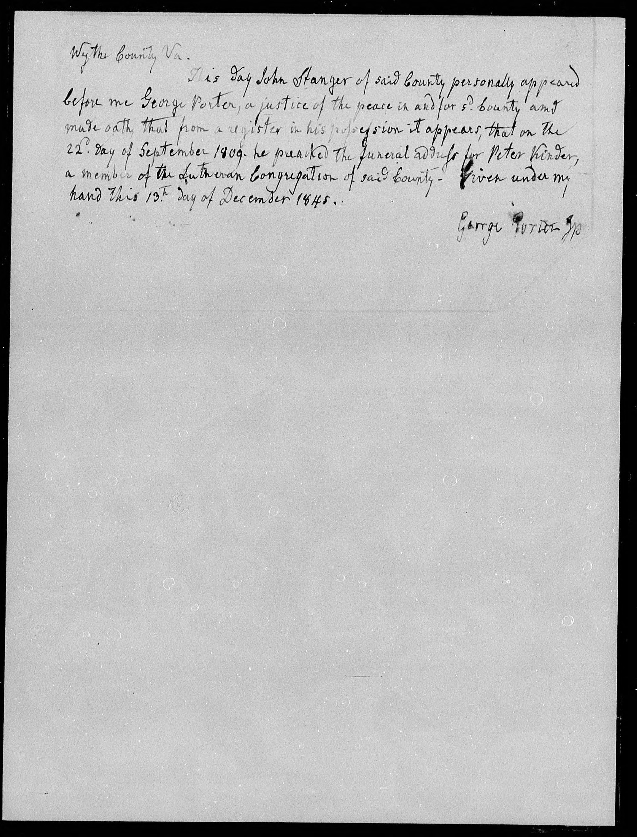 Affidavit of John Stanger concerning Peter Kinder, 13 December 1845, page 1