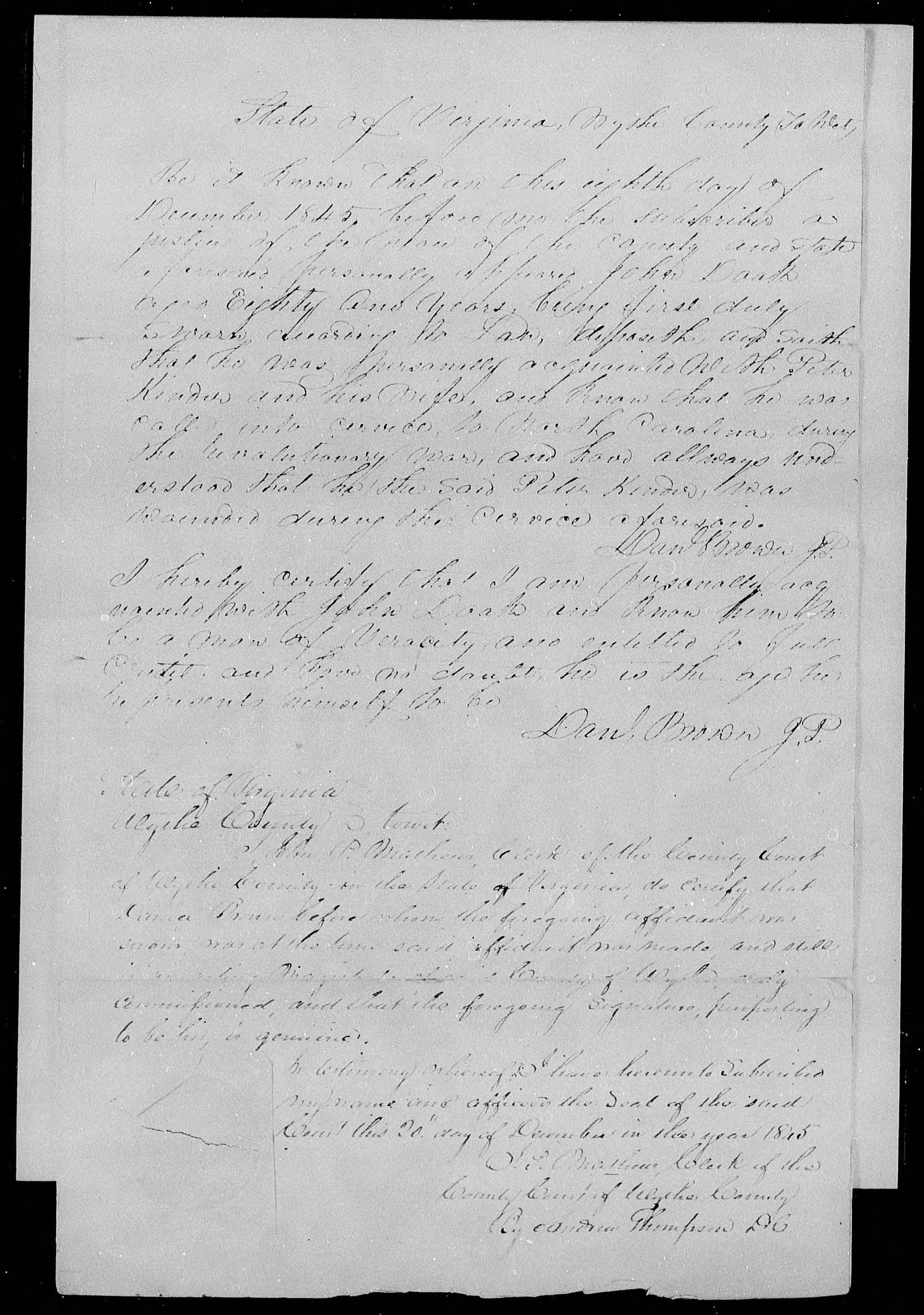 Affidavit of John Doak in support of a Pension Claim for Peter and Margaret Kinder, 8 December 1845