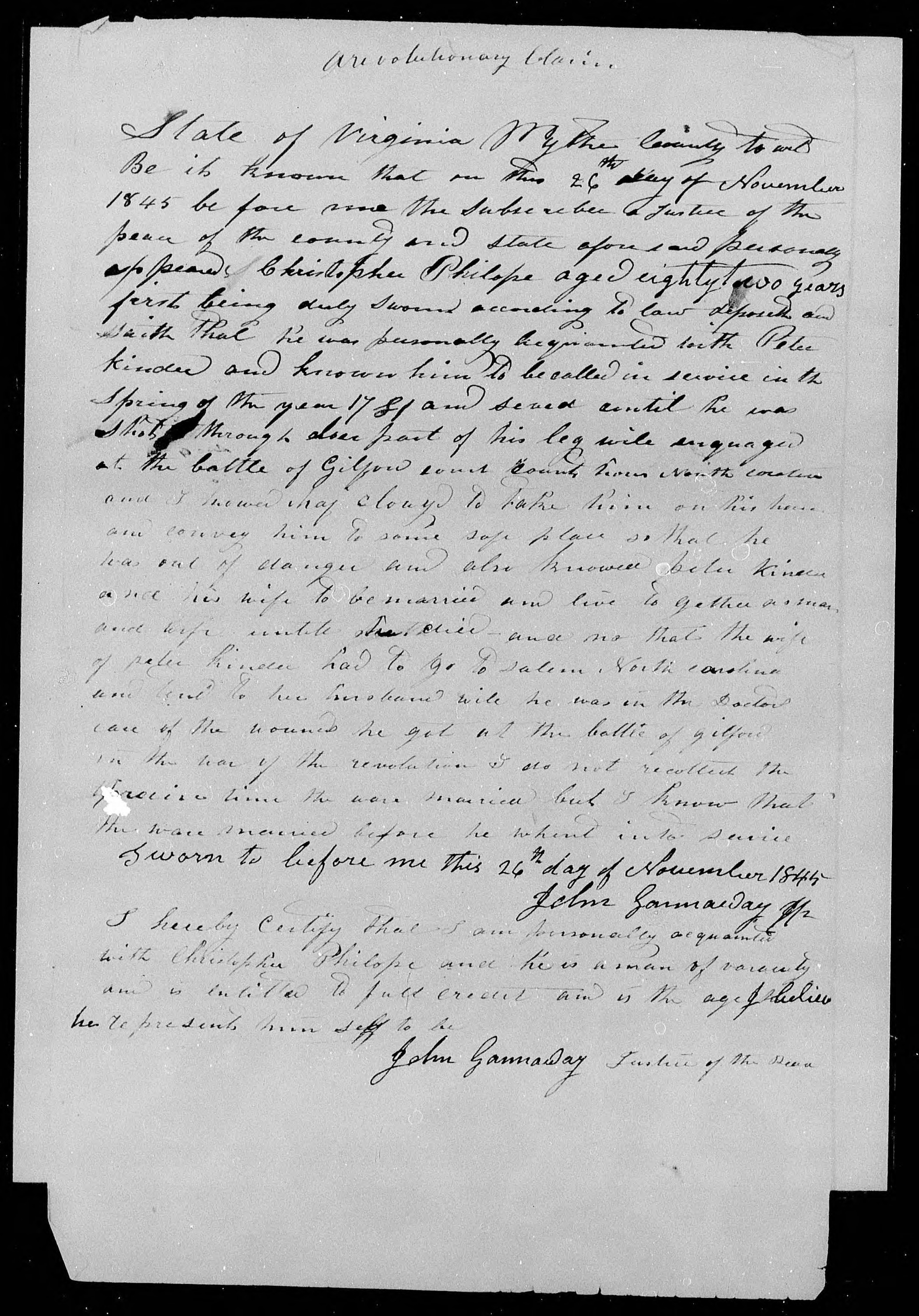 Affidavit of Christopher Philope in support of a Pension Claim for Peter and Margaret Kinder, 26 November 1845, page 1