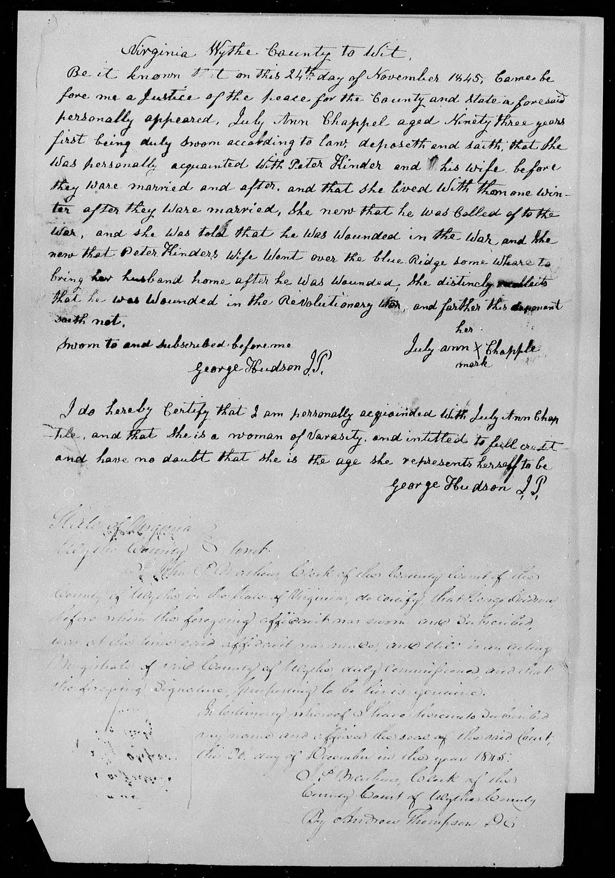 Affidavit of July Ann Chappel in support of a Pension Claim for Peter and Margaret Kinder, 24 November 1845