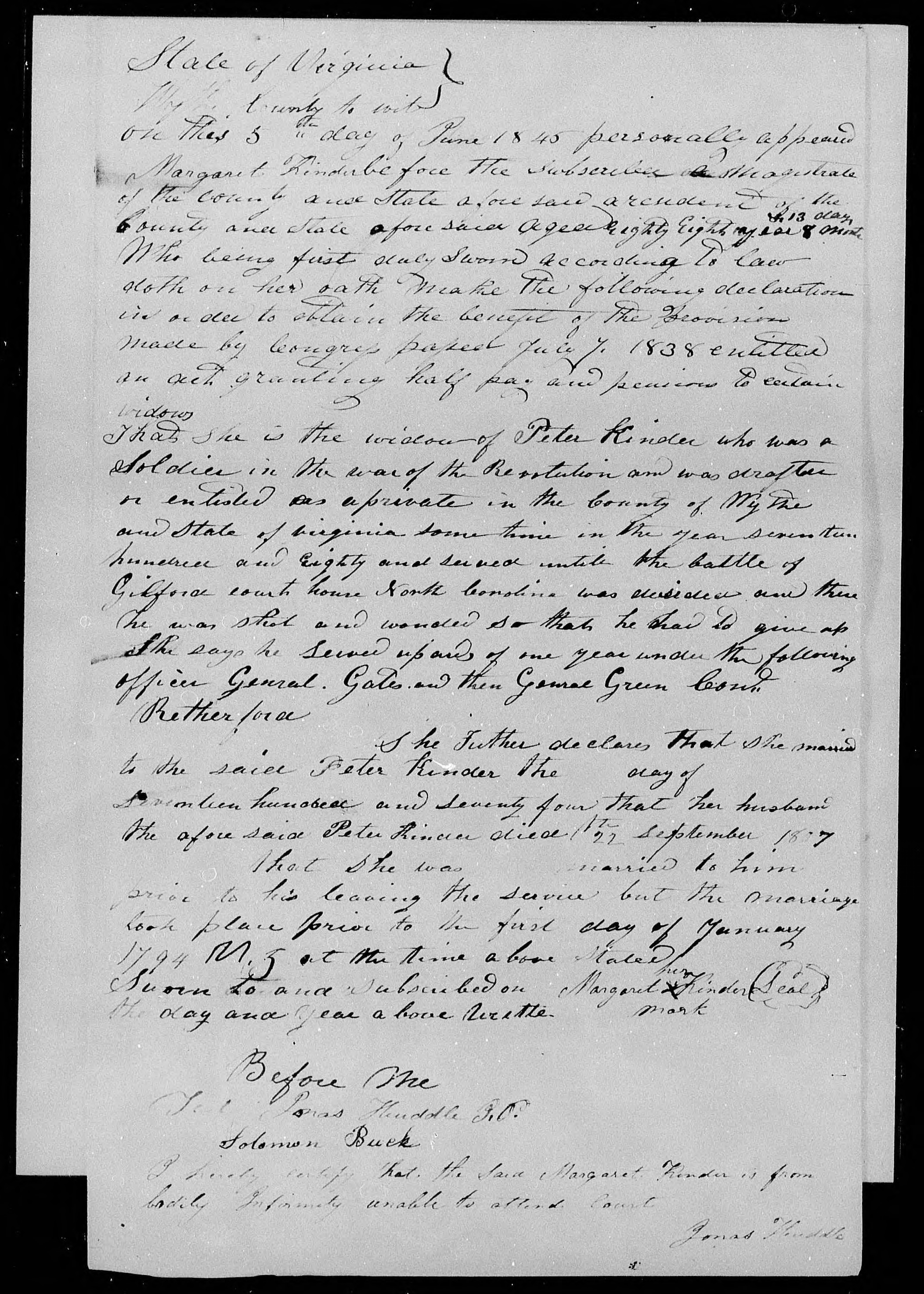 Application for a Widow's Pension from Margaret Kinder, 5 June 1845, page 1