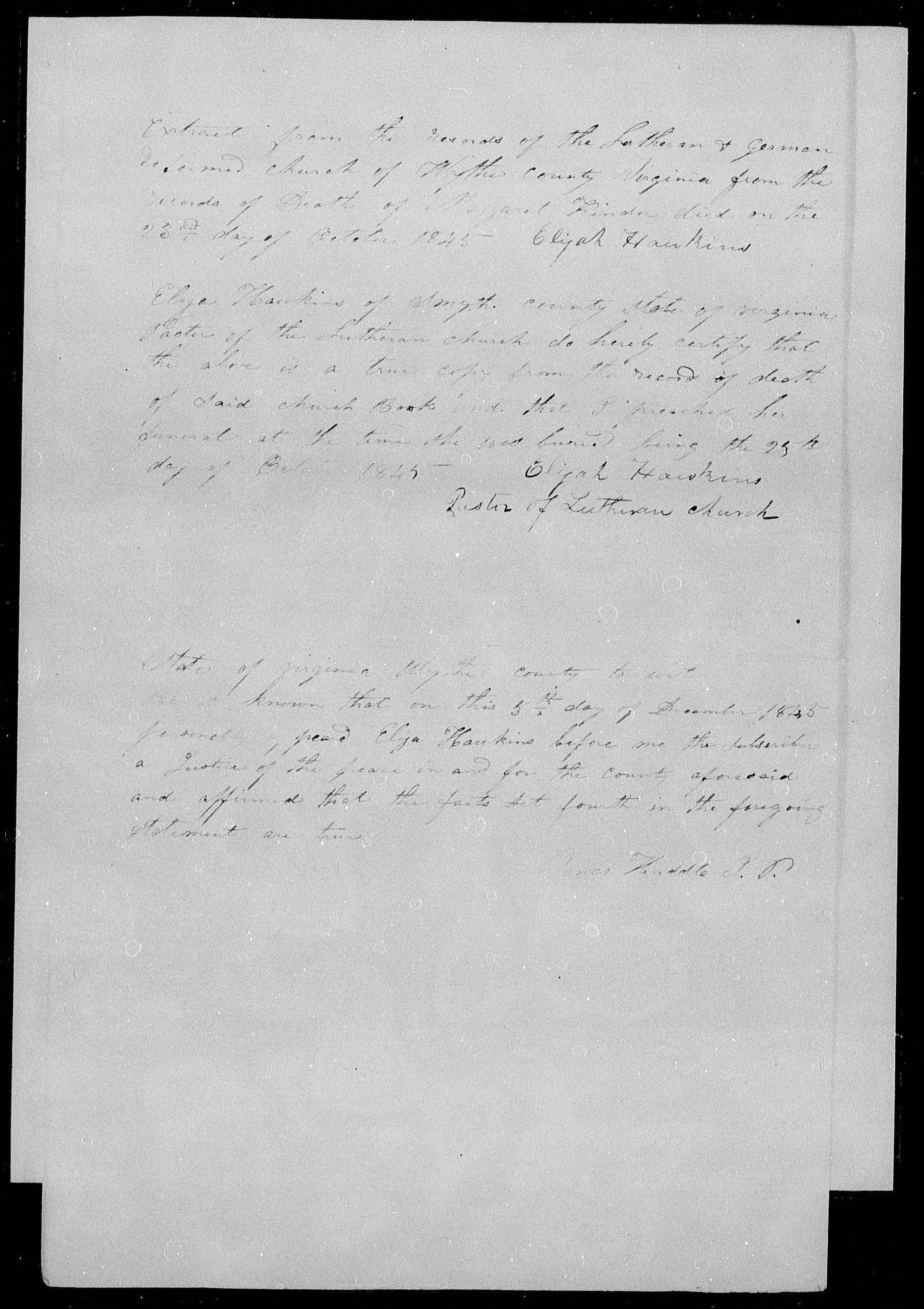 Affidavit of Elijah Hawkins about Margaret Kinder's death, 3 December 1845, page 1