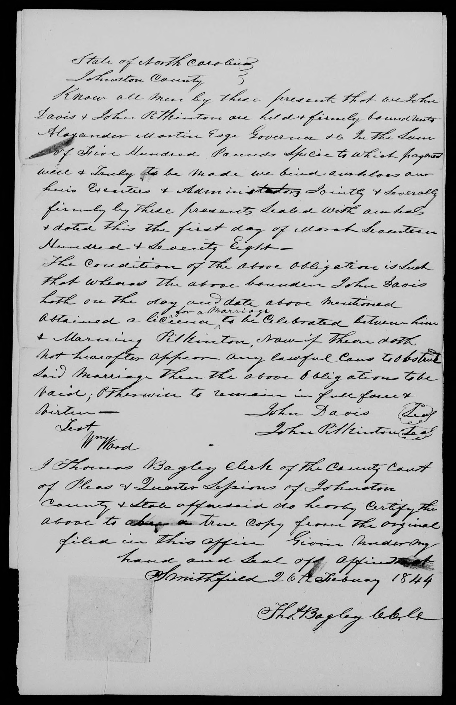 Marriage Bond for John Davis and Mourning Pilkinton, 1 March 1778