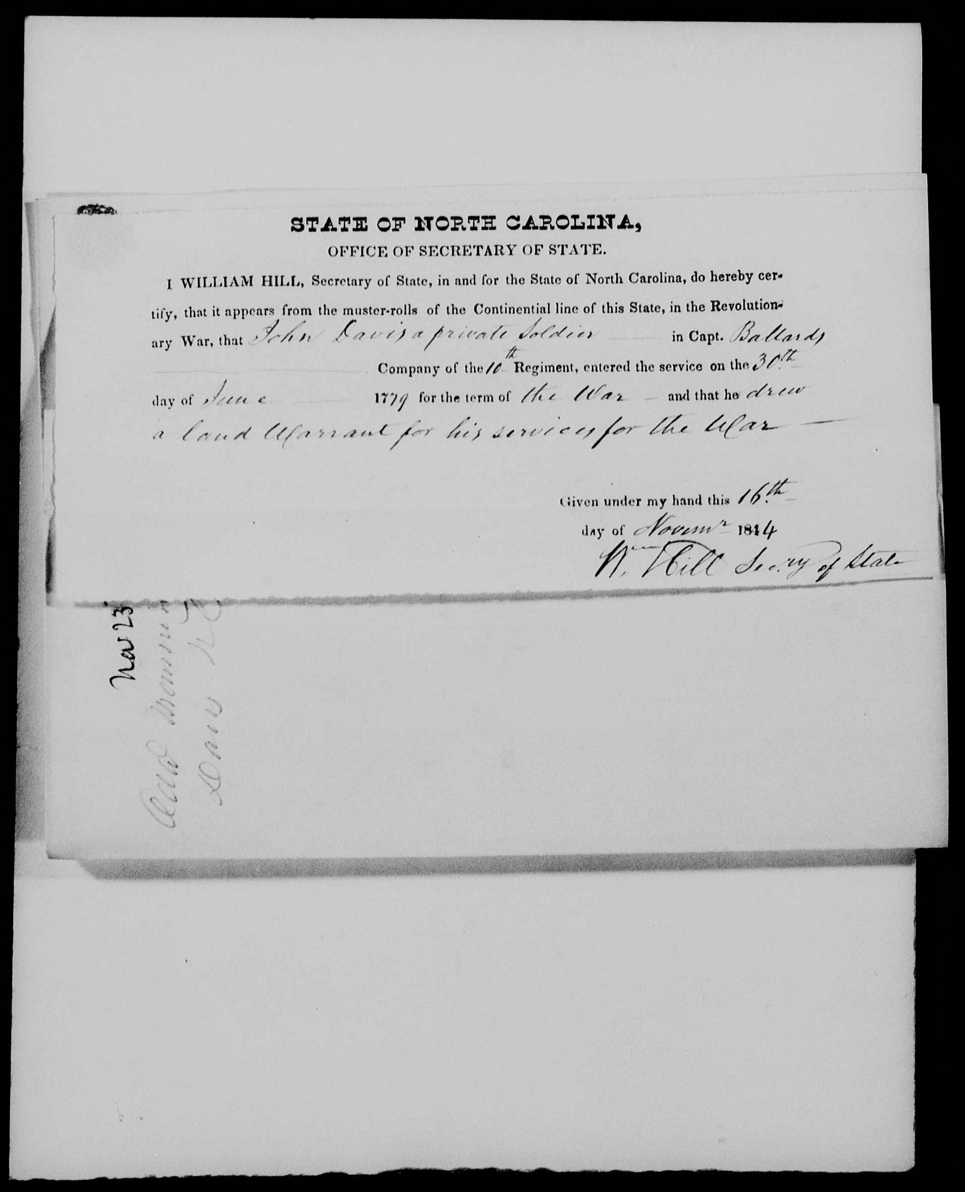 Proof of Service for John Davis, 16 November 1844, page 1